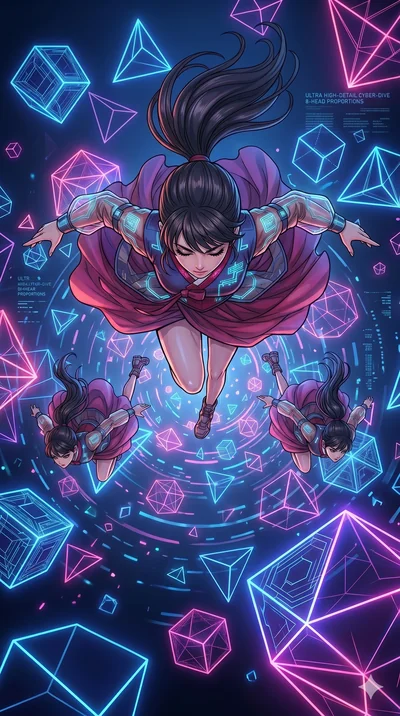 score_9, masterpiece, best quality, ultra-detailed, high-budget anime movie keyframe, cinematic anime lighting, intricate line art, Japanese woman. Extreme high angle shot as she leaps towards the camera, filling the frame. leaping through a storm of