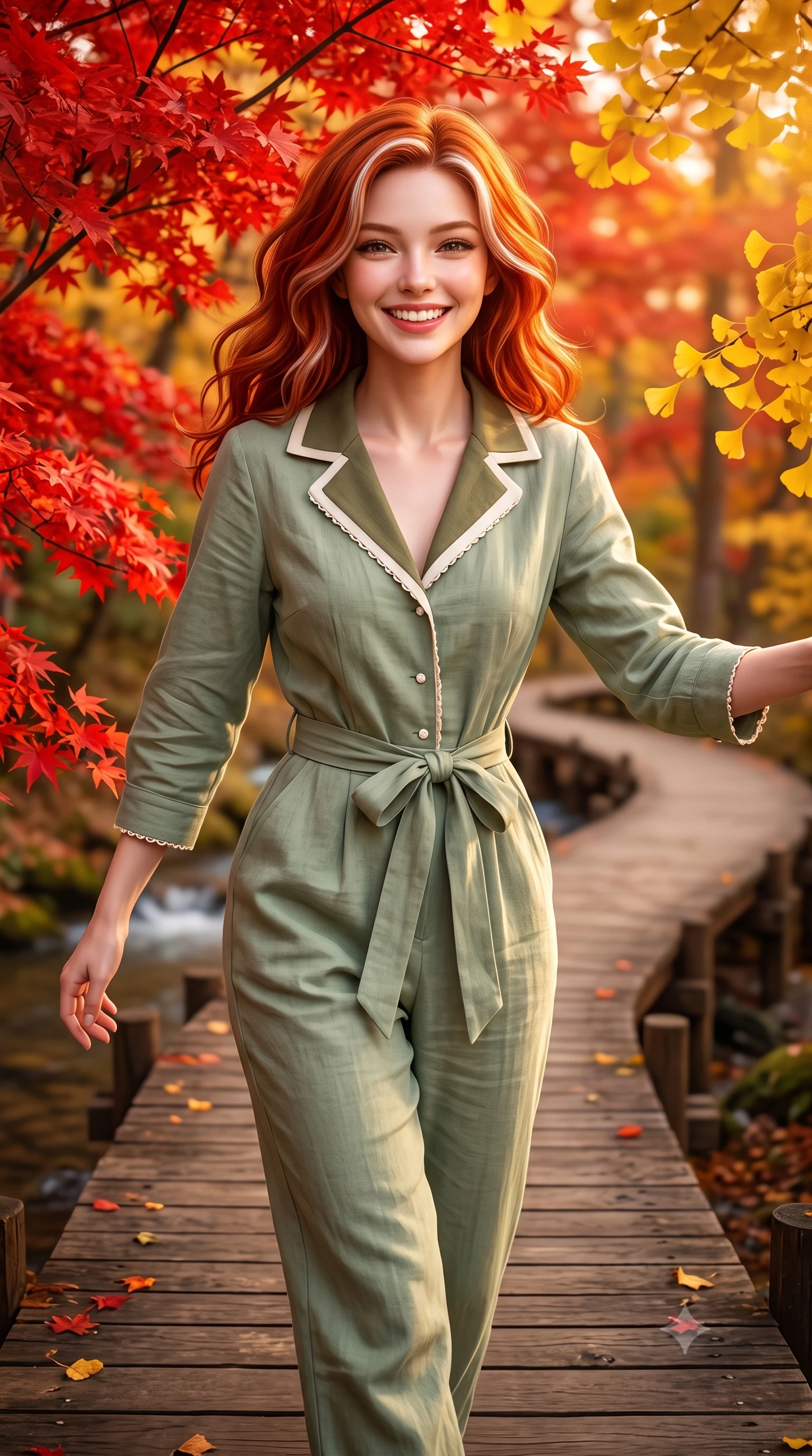 score_9, masterpiece, best quality, ultra-detailed, high-budget anime keyframe, semi-realistic 3D game render, editorial fashion photography, tasteful artistic composition, Caucasian woman. close-up cowboy shot from the waist and thighs up, the character dominates the composition, filling the frame with her large presence. radiating a joyful bright smile with sparkling jewel-like eyes and pure charming energy, leaning forward with playful grace while walking along a secluded wooden boardwalk surrounded by blazing scarlet maple trees and golden ginkgo foliage. The composition keeps background elements in soft focus with creamy bokeh. curving wooden boardwalks and tranquil mountain streams softened by warm shallow depth of field. She has an exceptionally elegant, slender, and willowy female figure with an ultra-slim waist, a gracefully sculpted slender torso, toned flat midriff, and a refined slim silhouette. sharp v-shaped jawline, high-bridge nose, intricate jewel-like eyes with depth, thick eyelashes, glossy lips with a natural sheen, pure and lovely fresh girlhood expression, flawlessly proportioned anatomical accuracy, strict slender model proportions, natural body alignment, perfectly sculpted long slender limbs, ultra-slim waistline, clean dynamic posture without body distortion. wearing a relaxed sage green linen jumpsuit with a tied waist sash and folded collar in muted olive green and ivory cotton, tailored from crisp organic cotton poplin, finished with delicate scallop trims and tiny pearl buttons, the breezy lightweight fabric fluttering softly against her delicate collarbones, narrow waist, and feminine curves. bathed in warm amber afternoon autumn sunlight filtering through glowing red and gold canopies. highly saturated vibrant anime colors, detailed shading with soft gradients, rich glossy textures, high-contrast stereoscopic depth, volumetric dynamic lighting, master piece, 9:16 ratio