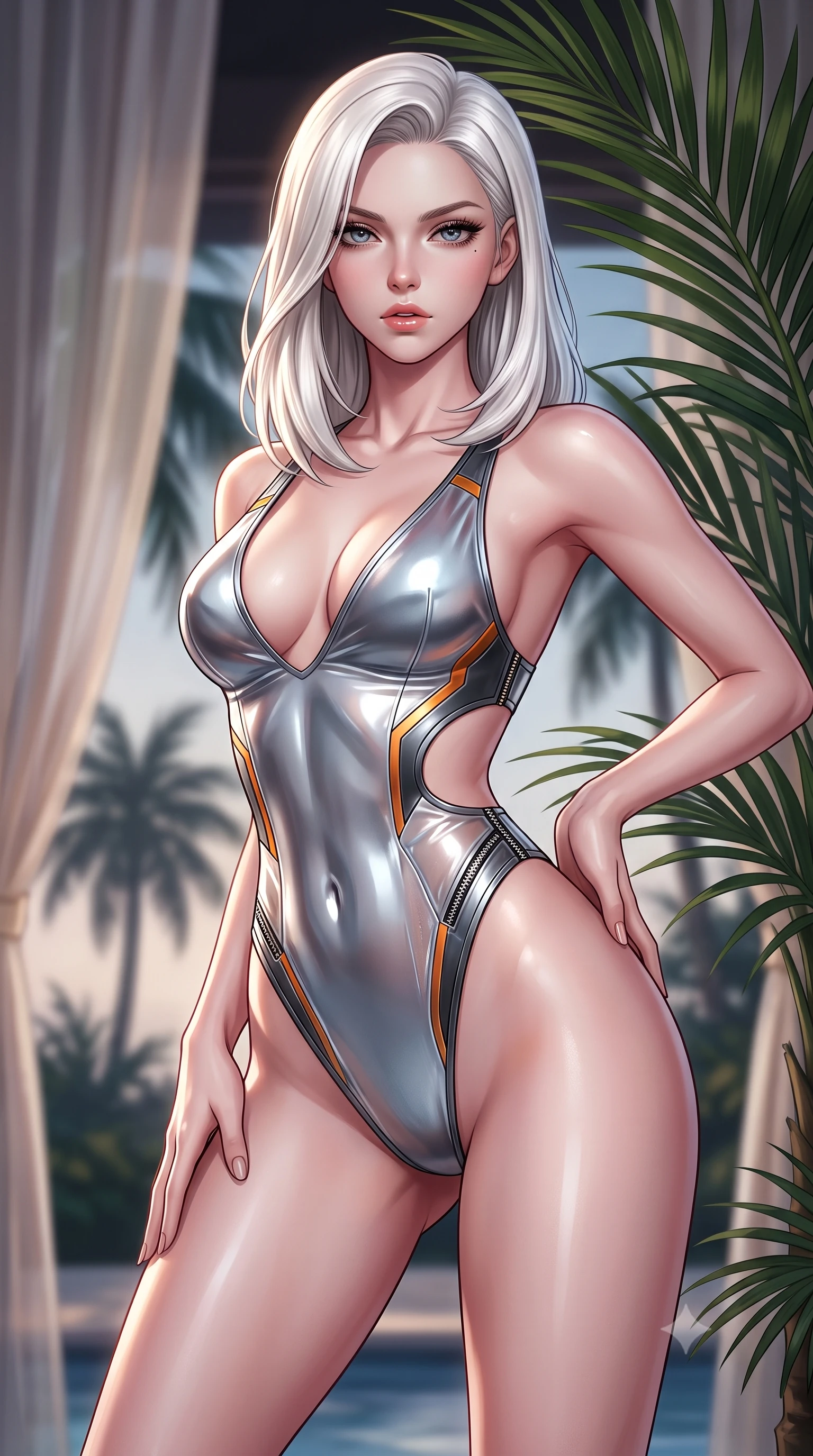 score_9, masterpiece, best quality, ultra-detailed, high-budget anime keyframe, semi-realistic 3D game render, editorial fashion photography, tasteful artistic composition, Caucasian woman. close-up cowboy shot from the waist and thighs up, the character dominates the composition, filling the frame with her large presence. leaning back with relaxed seductive grace, her sculpted collarbones and narrow waist highlighted as she casts smoldering bedroom-eyes directly into the camera while posing beside towering poolside palm fronds, hips dramatically thrust to one side with hands running along her waist in pure allure. The composition keeps background elements in soft focus with creamy bokeh. sheer cabana drapes and tropical palm silhouettes softened in moody shallow focus. She has an exceptionally elegant, slender, and willowy female figure with an ultra-slim waist, a gracefully sculpted slender torso, toned flat midriff, and rounded feminine hips creating an alluring hourglass silhouette. sharp v-shaped jawline, high-bridge nose, intricate jewel-like eyes with depth, thick eyelashes, glossy parted lips with a natural sheen, intensely captivating and seductive bedroom-eyes expression, flawlessly proportioned anatomical accuracy, strict slender model proportions, natural body alignment, perfectly sculpted long slender limbs, ultra-slim waistline, clean dynamic posture without body distortion. wearing a liquid metallic silver monokini with plunging neckline and ultra-high-cut leg openings in metallic gunmetal and laser orange, made of semi-translucent cybernetic vinyl with glowing micro-filaments, accented with diagonal metal zippers running across the side-waist cutouts, the liquid-tight tailored fabric clinging flawlessly to her narrow waist and rounded feminine hips, emphasizing every millimeter of her sculpted hourglass curves during movement. surrounded by an electrifying, hypnotic, and irresistibly provocative nightlife goddess aura. highly saturated vibrant anime colors, detailed shading with soft gradients, rich glossy textures, high-contrast stereoscopic depth, volumetric dynamic lighting, master piece, 9:16 ratio