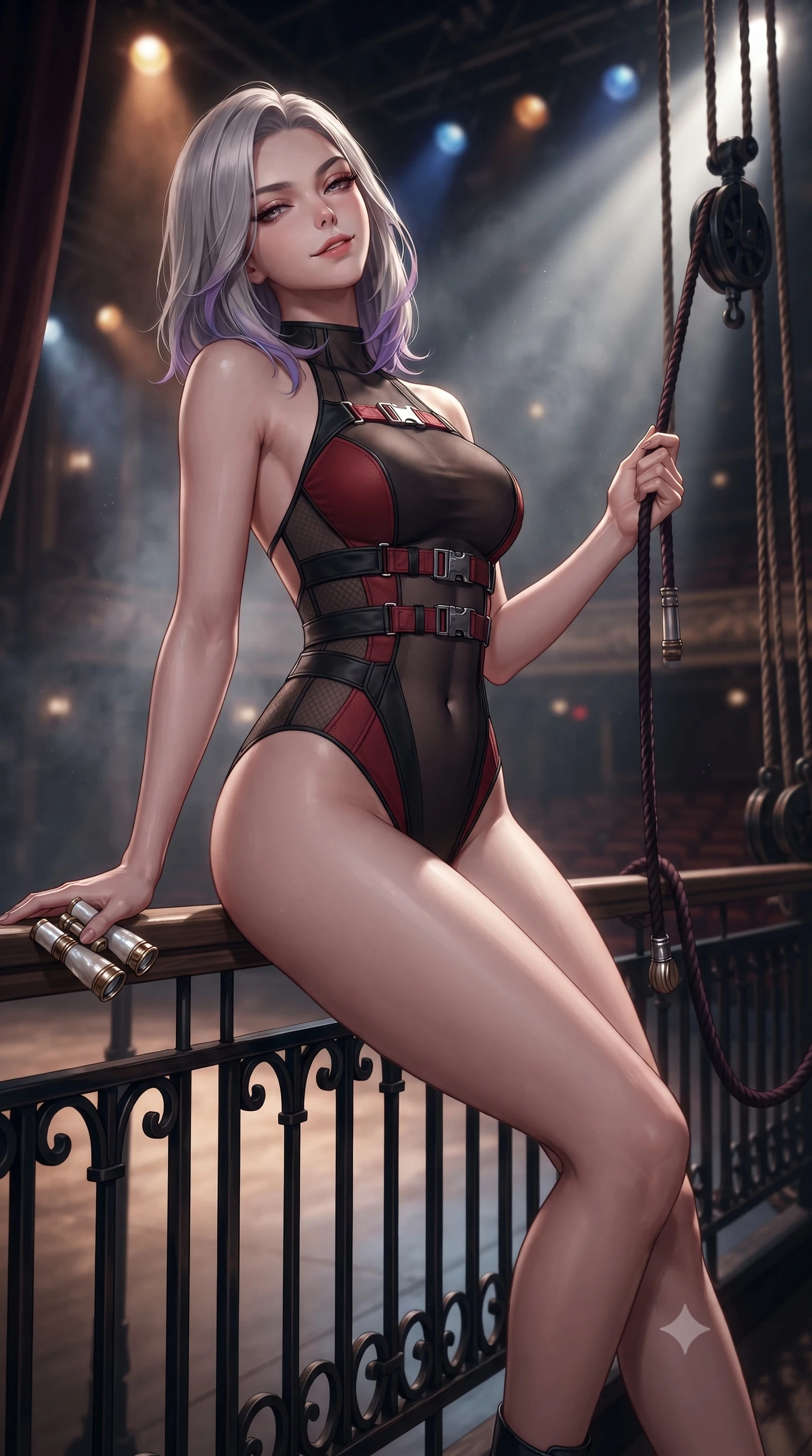 score_9, masterpiece, best quality, ultra-detailed, high-budget anime keyframe, editorial fashion photography, tasteful artistic composition, Caucasian woman. close-up cowboy shot from the waist and thighs up, the character dominates the composition, filling the frame with her large presence. leaning back against the balustrade with relaxed seductive grace, head tilted back slightly while casting a hypnotic, heavy-lidded gaze while perched sideways on the wooden rigging pin rail with legs extended, holding a velvet curtain cord with dangerous coquettish cool. The background shows a soft-focus stage spotlights, counterweight pulleys, and distant auditorium rows below blurred into amber, cobalt, and smoky charcoal bokeh. She has an exceptionally elegant, slender, and willowy female figure with an ultra-slim waist, flat toned midriff, narrow ribcage, and sculpted feminine hips creating an alluring, slim hourglass silhouette without bulk. sharp v-shaped jawline, high-bridge nose, sparkling eyes with hypnotic seductive depth, thick curled eyelashes, glossy parted lips with a natural dewy peach sheen, alluring bedroom-eyes with an enchanting coquettish smile, exuding magnetic siren charisma and sophisticated glamour, flawlessly proportioned anatomical accuracy, strict slender model proportions, natural body alignment, perfectly sculpted long slender limbs, ultra-slim waistline, clean dynamic posture without body distortion. wearing a slinky backless halterneck tactical leotard with micro-ripstop side panels and quick-release chrome buckles in matte obsidian black and tactical crimson red with gunmetal hardware, made of semi-opaque stretch illusion mesh with soft shadowy contours, accented with an antique mother-of-pearl opera glass held casually in one hand, the second-skin tailored fabric adhering flawlessly to her sculpted flat midriff and slender torso, emphasizing her long leg lines and perfectly proportioned willowy build. bathed in dramatic theatrical follow-spotlight beams cutting through hazy stage air. ultra-reflective glossy finish, specular highlights, rich textural contrasts, high-contrast stereoscopic depth, volumetric dynamic lighting, 2k, ultra detail, master piece, 9:16 ratio