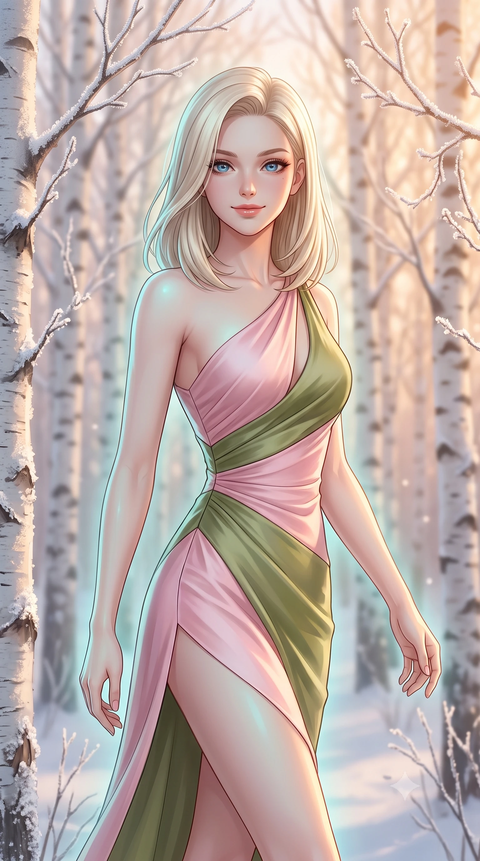 score_9, masterpiece, best quality, ultra-detailed, high-budget anime keyframe, editorial fashion photography, tasteful artistic composition, Caucasian woman, strictly human ears. close-up cowboy shot from the waist and thighs up, the character dominates the composition, filling the frame with her large presence, background elements kept in soft focus. Casting a soft, warm, affectionate smile with glowing eyes. set against a soft-focus background of walking through a quiet white birch grove where every twig is coated in a thick layer of crystal frost at sunrise. She has an exceptionally elegant, slender, and willowy female figure with a highly-defined ultra-slim waist, a gracefully sculpted slender torso, and a refined slim-fit silhouette that contours her form. sharp v-shaped jawline, high-bridge nose, intricate jewel-like eyes with depth, thick eyelashes, glossy lips with a natural sheen. wearing a sleek asymmetric one-shoulder dress in pastel pink and olive green silk, following her slender frame with sharp lines. soft aqua bioluminescent light making her skin luminously glow against darkness. 2k, ultra detail, master piece, 9:16 ratio