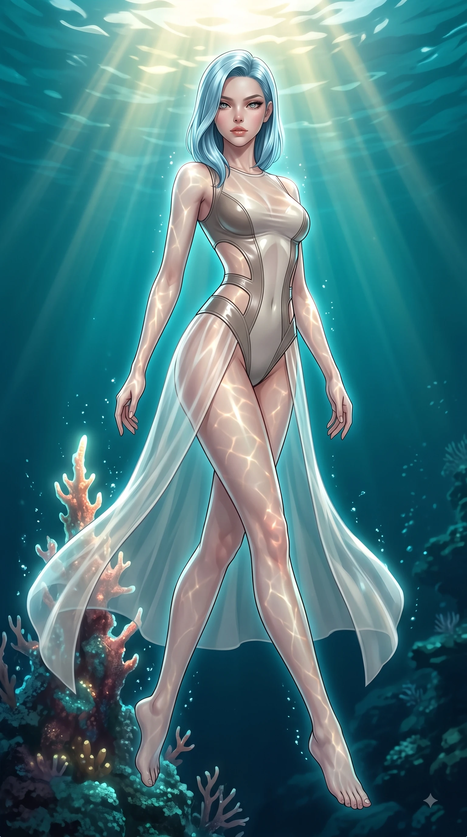 score_9, masterpiece, best quality, ultra-detailed, high-budget anime keyframe, editorial fashion photography, tasteful artistic composition, Korean woman. low angle full-body shot from head to toe showing her feet, filling the entire 9:16 vertical frame with her statuesque presence, stretching her vertical silhouette. stepping forward in a proud dynamic stride with an alluring waist tilt, her vertical silhouette filling the frame while floating dynamically near a glowing coral spire as sunbeams penetrate deep turquoise ocean rays, golden sunbeams penetrating deep turquoise water creating caustic light ripples across her skin. She has an absolutely perfect, statuesque 8.5-heads proportion, an exceptionally tall and slender model-like female figure with impossibly long slender legs and an ultra-slim waist. sharp v-shaped jawline, high-bridge nose, intricate jewel-like eyes with depth, thick eyelashes, glossy lips with a natural sheen, flawlessly proportioned anatomical accuracy, natural body alignment, perfectly sculpted elegant limbs, clean dynamic posture without body distortion. wearing a semi-opaque sheer overlay dress over a leather micro-bodysuit in muted taupe and soft ivory, tailored from high-gloss patent leather, featuring clean architectural cutouts along her slender torso, the tailored fabric tightly following every curve of her athletic build. surrounded by a shimmering ocean aura with bright pearl-white specular rim lights. ultra-reflective glossy finish, specular highlights, metallic sheen, high-contrast stereoscopic depth, volumetric dynamic lighting, 2k, ultra detail, master piece, 9:16 ratio