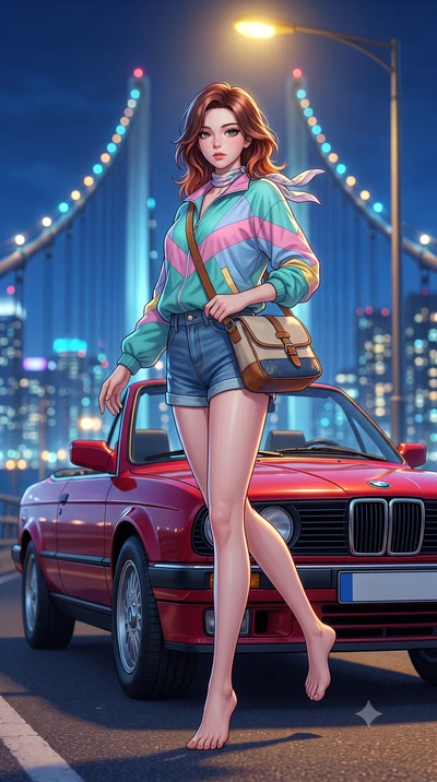 score_9, masterpiece, best quality, ultra-detailed, high-budget anime keyframe, semi-realistic 3D game render, editorial fashion photography, tasteful artistic composition, Korean woman. low angle full-body shot from head to toe showing her feet, fil