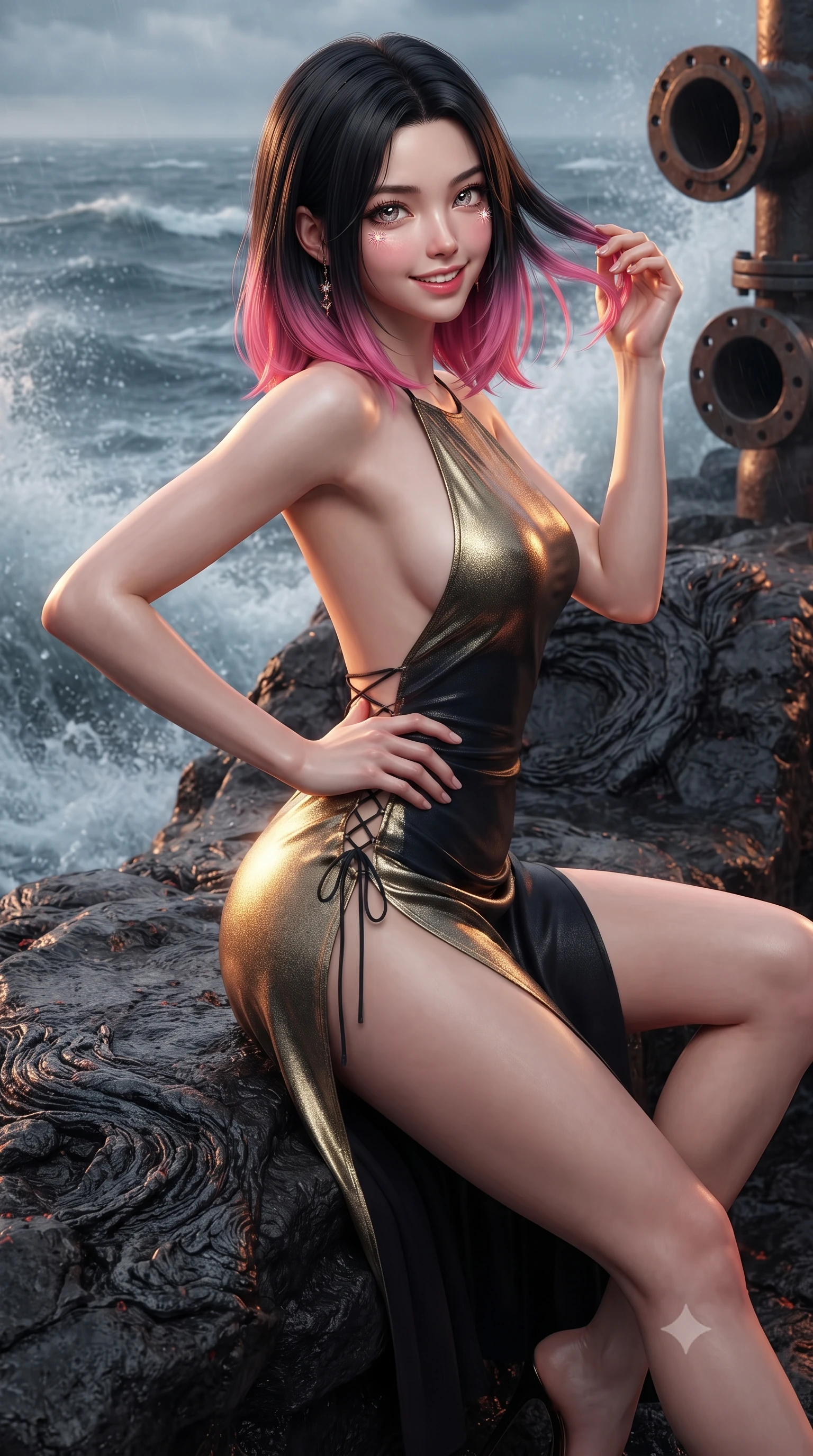 score_9, masterpiece, best quality, ultra-detailed, high-budget anime keyframe, editorial fashion photography, tasteful artistic composition, Korean woman. close-up cowboy shot from the waist and thighs up, the character dominates the composition, filling the frame with her large presence. twisting her slender torso in an alluring contrapposto stance, one hand resting on her sculpted hip while her fingers toy with her hair with effortless poise while reclining gracefully on the outdoor heated basalt lounge with legs extended, displaying her long slender limbs and statuesque hourglass silhouette against the tempestuous sea. The surrounding environment is rendered in vivid detail and crisp panoramic clarity: sharp cooled black basalt crust textures, heavy industrial pipe flanges, and foaming ocean spray in deep focus. She has an exceptionally elegant, slender, and willowy female figure with an ultra-slim waist, flat toned midriff, narrow ribcage, and sculpted feminine hips creating an alluring, slim hourglass silhouette without bulk. sharp v-shaped jawline, high-bridge nose, intricate jewel-like sparkling eyes with depth, thick eyelashes, glossy parted lips with a natural peach sheen, bright cheerful beaming smile with an enchanting and coquettish sensual glint, exuding both youthful cute charm and seductive allure, flawlessly proportioned anatomical accuracy, strict slender model proportions, natural body alignment, perfectly sculpted long slender limbs, ultra-slim waistline, clean dynamic posture without body distortion. wearing an alluring backless metallic lamé combat halter mini dress with deep open back down to her lower spine and thigh-high slit in solar-wind gold and deep space void black, made of fluid liquid jersey with seamless sculpting hold and smooth contours, featuring fine criss-cross lace-up side ties revealing tantalizing glimpses of her hip curve, the high-slit wrap tailoring accentuating her ultra-slim waistline and the enchanting curve of her feminine hips with alluring seductive charm. bathed in the intense warm 1800K radiant glow of incandescent magma contrasted with cold stormy sea spray. ultra-reflective glossy finish, specular highlights, rich textural contrasts, high-contrast stereoscopic depth, volumetric dynamic lighting, 2k, ultra detail, master piece, 9:16 ratio