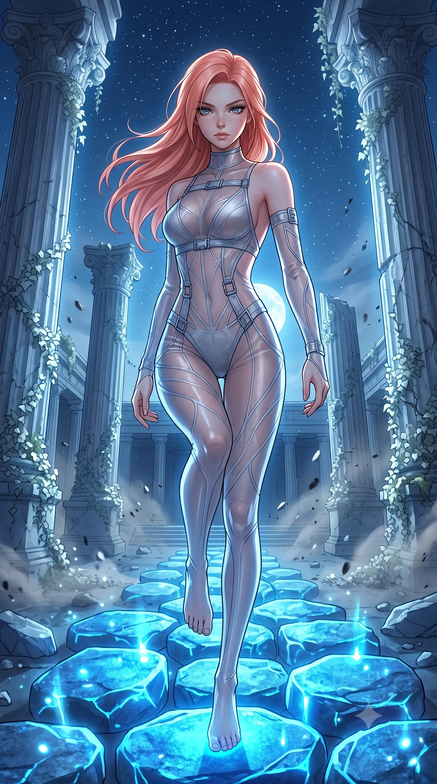 score_9, masterpiece, best quality, ultra-detailed, High-budget Anime Keyframe, East Asian woman. Dynamic full-body shot stretching the vertical silhouette to the limit. Scenario 350: stepping across glowing azure stones in a moonlit ancient temple with collapsing marble pillars and white ivy. Her presence is magnetic and overpowering in this high-budget anime scene. Outfit 350: a slim-fit sheer organza second with a backless design and metallic buckles. The clothing is designed to emphasize her exceptionally tall and slender 8-heads proportion. 8-heads proportion, towering silhouette, ultra-slim waist. sharp v-shaped jawline, intricate jewel-like eyes with depth, thick eyelashes, glossy lips. 2k, ultra detail, master piece, 9:16 ratio