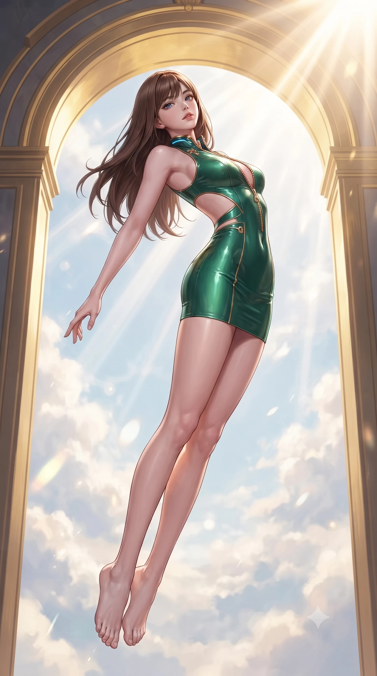 score_9, masterpiece, best quality, ultra-detailed, high-budget anime keyframe, editorial fashion photography, tasteful artistic composition, Korean woman. low angle full-body shot from head to toe showing her feet, filling the entire 9:16 vertical frame with her statuesque presence, stretching her vertical silhouette. leaping through mid-air with an athletic yet alluring arch of her spine, her impossibly long slender legs stretched in flawless poise while arching her spine in a fluid zero-gravity vault through a celestial gold arch catching brilliant high-noon sun. The composition keeps background elements in soft focus with creamy bokeh. bright high-altitude sunrays scattering radiant light curtains across a breathtaking sky backdrop. She has an absolutely perfect, statuesque 8.5-heads proportion, an exceptionally tall and slender model-like female figure with impossibly long slender legs, a toned flat midriff, and an ultra-slim waist. sharp v-shaped jawline, high-bridge nose, intricate jewel-like eyes with depth, thick eyelashes, glossy lips with a natural sheen, flawlessly proportioned anatomical accuracy, strict slender model proportions, natural body alignment, perfectly sculpted long slender limbs, ultra-slim waistline, clean dynamic posture without body distortion. wearing a second-skin fashion-latex mini dress with a clean architectural front, featuring an open-back design that wraps around the sides of her waist, showcasing her slender silhouette in bright emerald green satin and gold hardware, crafted from ultra-reflective second-skin latex with a high-gloss glass-like polish, featuring a dangerously unzipped neckline framed by glowing cybernetic accents, the form-contouring material adhering flawlessly to her sculpted flat midriff and slender torso, emphasizing her long leg lines and perfectly proportioned willowy build. illuminated by crisp gold specular highlights tracing her sculpted collarbones and waistline. ultra-reflective glossy finish, specular highlights, metallic sheen, high-contrast stereoscopic depth, volumetric dynamic lighting, 2k, ultra detail, master piece, 9:16 ratio