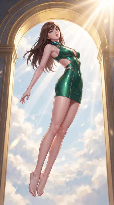 score_9, masterpiece, best quality, ultra-detailed, high-budget anime keyframe, editorial fashion photography, tasteful artistic composition, Korean woman. low angle full-body shot from head to toe showing her feet, filling the entire 9:16 vertical f