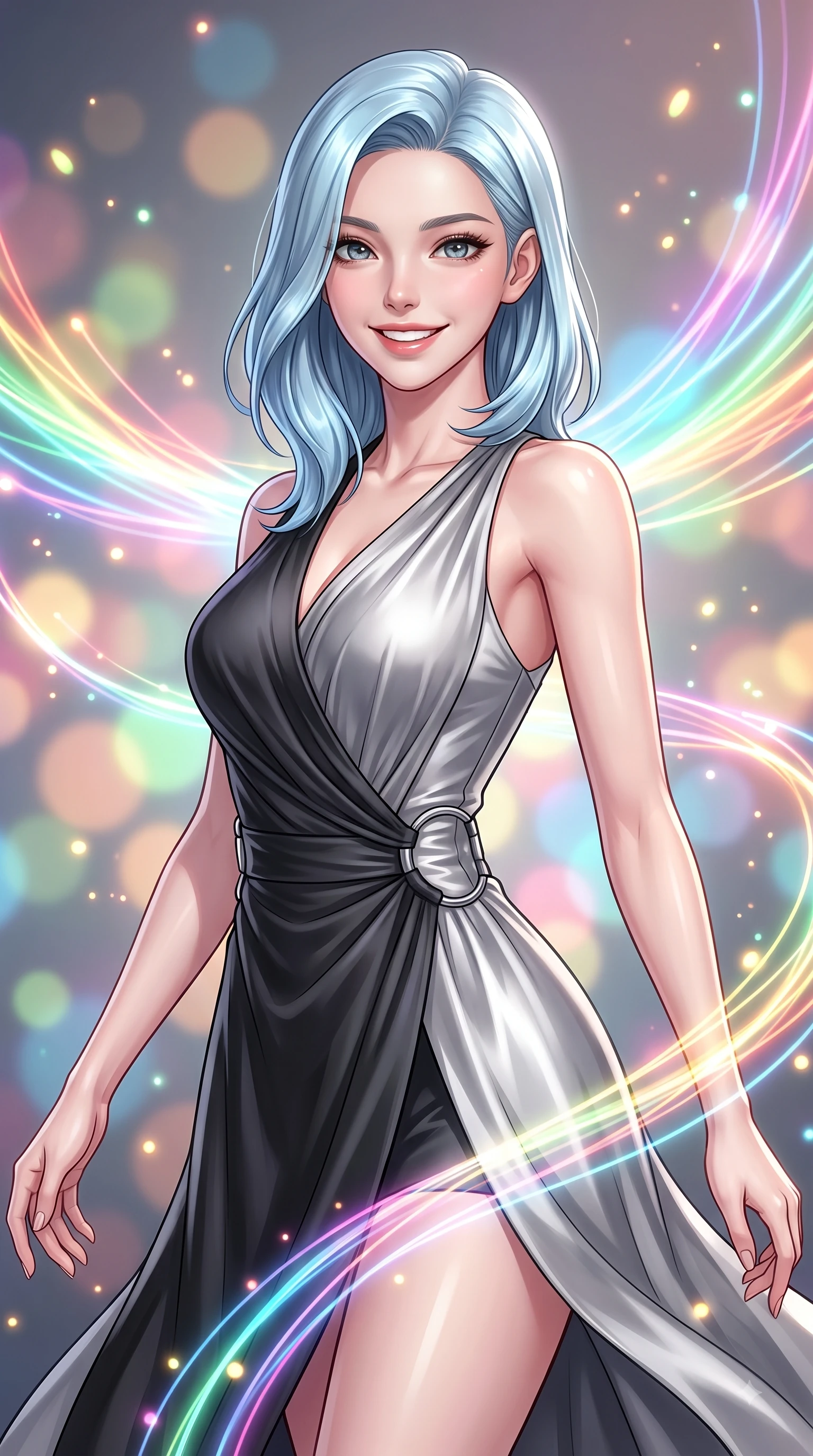 score_9, masterpiece, best quality, ultra-detailed, high-budget anime keyframe, editorial fashion photography, tasteful artistic composition, Korean woman. close-up cowboy shot from the waist and thighs up, the character dominates the composition, filling the frame with her large presence, background elements kept in soft focus. Gazing directly into the camera with a joyful, infectious smile as her torso curves dynamically in mid-stride while pivoting her torso in a dynamic S-curve alignment as light threads pulse with happiness, glowing fiber optic motes drifting like fireflies in the cheerful background. She has an exceptionally elegant, slender, and willowy female figure with an ultra-slim waist, a gracefully sculpted slender torso, and a refined silhouette. sharp v-shaped jawline, high-bridge nose, intricate jewel-like eyes with depth, thick eyelashes, glossy lips with a natural sheen, flawlessly proportioned anatomical accuracy, natural body alignment, perfectly sculpted elegant limbs, clean dynamic posture without body distortion. wearing a modern fusion silk hanbok dress with a structured bodice and flowing skirt in matte black and polished silver, crafted from lustrous satin jersey with fluid draping, accented with delicate chrome ring hardware framing her waist, the elegant draped fit framing her graceful clavicle and slender torso. illuminated by the brilliant glow of rainbow luminescent plasma threads. highly saturated vibrant anime colors, detailed shading with soft gradients, rich glossy textures, high-contrast stereoscopic depth, volumetric dynamic lighting, master piece, 9:16 ratio