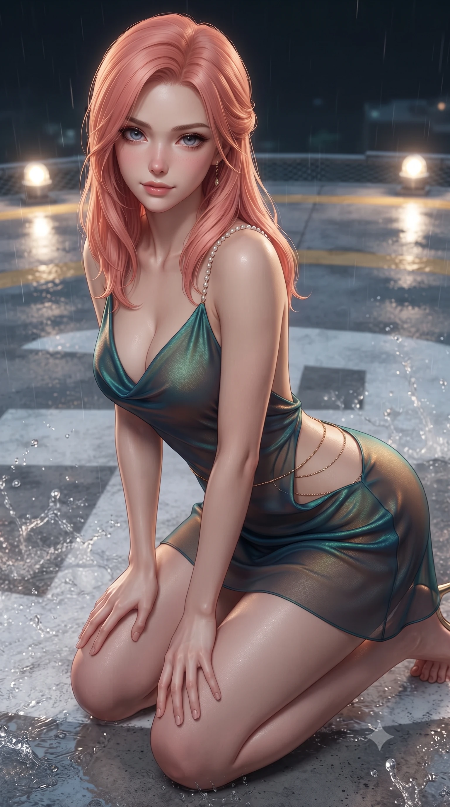 score_9, masterpiece, best quality, ultra-detailed, high-budget anime keyframe, editorial fashion photography, tasteful artistic composition, Japanese woman. close-up cowboy shot from the waist and thighs up, the character dominates the composition, filling the frame with her large presence. leaning forward while arching her lower back to accentuate her curvy hips, looking into the camera with an intoxicating smoldering gaze and bedroom-eyes while kneeling poised on the illuminated landing circle with one hand resting on the wet deck, casting a piercing yet coquettish smile. The surrounding environment is rendered in vivid detail and crisp panoramic clarity: sharp water droplet splashes, concrete helipad paint texture, and glowing landing beacon lenses in deep focus. She has an exceptionally elegant, slender, and willowy female figure with an ultra-slim waist, flat toned midriff, narrow ribcage, and sculpted feminine hips creating an alluring, slim hourglass silhouette without bulk. sharp v-shaped jawline, high-bridge nose, sparkling eyes with hypnotic seductive depth, thick curled eyelashes, glossy parted lips with a natural dewy peach sheen, alluring bedroom-eyes with an enchanting coquettish smile, exuding magnetic siren charisma and sophisticated glamour, flawlessly proportioned anatomical accuracy, strict slender model proportions, natural body alignment, perfectly sculpted long slender limbs, ultra-slim waistline, clean dynamic posture without body distortion. wearing a low-cut draped cowl-back satin ballet slip mini dress with dainty pearl spaghetti straps in iridescent peacock teal and burnished antique brass, made of sheer gossamer chiffon that drapes softly against skin with airy translucence, accented with a dainty gold belly chain resting across her flat midriff and curving hips, the liquid-tight tailored fabric clinging flawlessly to her narrow waist and rounded feminine hips, emphasizing every millimeter of her sculpted slim hourglass curves without any bulky heaviness. illuminated by puddle specular bounce and sharp platinum rim lights sculpting her jawline, flat midriff, and curvaceous hips. ultra-reflective glossy finish, specular highlights, rich textural contrasts, high-contrast stereoscopic depth, volumetric dynamic lighting, 2k, ultra detail, master piece, 9:16 ratio