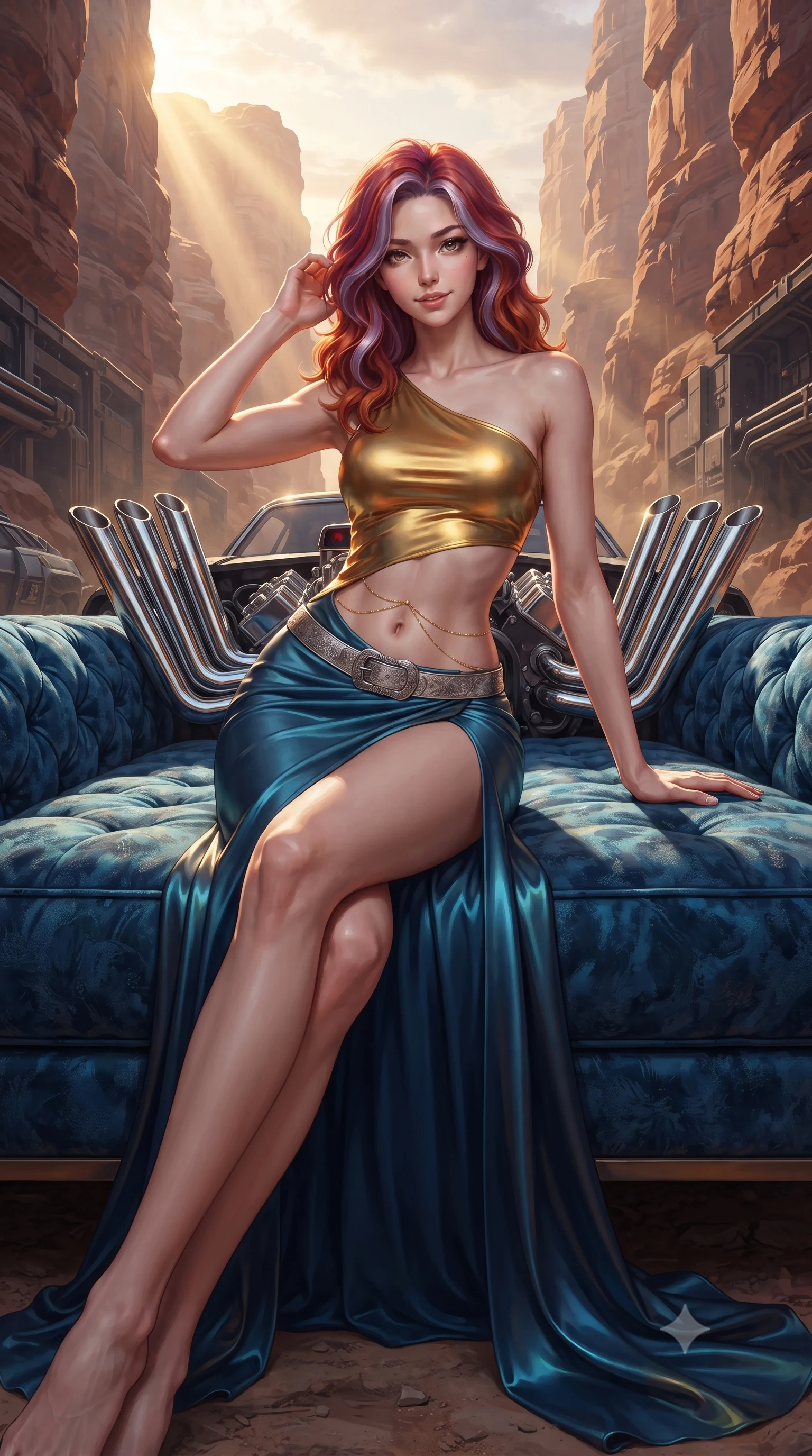 score_9, masterpiece, best quality, ultra-detailed, high-budget anime keyframe, editorial fashion photography, tasteful artistic composition, Caucasian woman. low angle full-body shot from head to toe showing her feet, filling the entire 9:16 vertical frame with her statuesque presence, stretching her vertical silhouette. lounging on the lavish daybed with legs crossed and hips angled toward the camera, displaying her toned midriff and long slender limbs with effortless siren poise while twisting her slender torso in an alluring S-curve, chrome exhaust pipes and canyon abyss framing her narrow waist and rounded hips. The surrounding environment is rendered in vivid detail and crisp panoramic clarity: detailed wet-look leather pants cling, silver belt buckle engravings, and canyon geology in razor-sharp precision. She has an absolutely perfect, statuesque 8.5-heads proportion, an exceptionally tall and slender model-like female figure with impossibly long slender legs, an ultra-slim waist, a flat toned midriff, narrow delicate ribcage, and beautifully sculpted feminine hips creating a graceful, slim hourglass silhouette without any bulky heaviness. sharp v-shaped jawline, high-bridge nose, sparkling eyes with hypnotic seductive depth, thick curled eyelashes, glossy parted lips with a natural dewy peach sheen, alluring bedroom-eyes with an enchanting coquettish smile, exuding magnetic siren charisma and sophisticated glamour, flawlessly proportioned anatomical accuracy, strict slender model proportions, natural body alignment, perfectly sculpted long slender limbs, ultra-slim waistline, clean dynamic posture without body distortion. wearing an asymmetric one-shoulder liquid jersey resort gown with dramatic hip-high slit and waist cutout in molten liquid gold and deep ocean sapphire, crafted from fluid liquid silk satin that clings smoothly to every curve with a dewy sheen, accented with a dainty gold belly chain resting across her flat midriff and curving hips, the precision-cut side openings and low-back scoop framing her graceful spine and the sensual sweep of her slim, toned hips. bathed in dramatic golden hour rays cutting horizontally through canyon crevices. ultra-reflective glossy finish, specular highlights, rich textural contrasts, high-contrast stereoscopic depth, volumetric dynamic lighting, 2k, ultra detail, master piece, 9:16 ratio