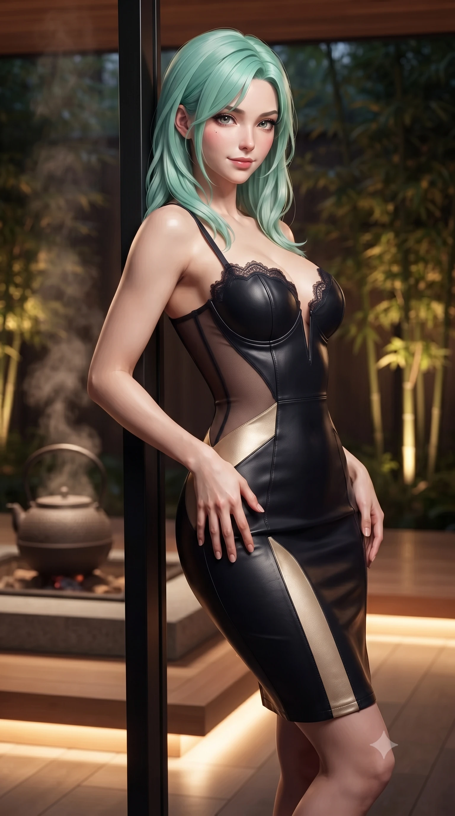 score_9, masterpiece, best quality, ultra-detailed, high-budget anime keyframe, editorial fashion photography, tasteful artistic composition, Japanese woman. close-up cowboy shot from the waist and thighs up, the character dominates the composition, filling the frame with her large presence. tilting her head with a teasing half-smile, running one hand slowly down the side of her hip in a flirtatious S-curve as ambient light caresses her silhouette while leaning against the slender blackened steel mullion with hips cocked back, looking through illuminated bamboo groves with smoldering bedroom-eyes. The background shows a soft-focus gentle steam rising from a cast-iron tetsubin kettle softened in contemporary Japanese architectural haven shallow focus. She has an exceptionally elegant, slender, and willowy female figure with an ultra-slim waist, flat toned midriff, narrow ribcage, and sculpted feminine hips creating an alluring, slim hourglass silhouette without bulk. sharp v-shaped jawline, high-bridge nose, intricate jewel-like sparkling eyes with depth, thick eyelashes, glossy parted lips with a natural peach sheen, bright cheerful beaming smile with an enchanting and coquettish sensual glint, exuding both youthful cute charm and seductive allure, flawlessly proportioned anatomical accuracy, strict slender model proportions, natural body alignment, perfectly sculpted long slender limbs, ultra-slim waistline, clean dynamic posture without body distortion. wearing an alluring plunging sweetheart bustier dress with sheer mesh side-waist cutouts contouring her ribs in deep midnight obsidian black and champagne gold, woven from buttery-soft stretch lambskin leather adhering to her body like a second skin, finished with scalloped eyelash lace trim framing her sweetheart neckline with intimate elegance, the second-skin tailored fabric adhering flawlessly to her sculpted flat midriff and slender torso, emphasizing her long leg lines and perfectly proportioned willowy build. bathed in the warm 2700K indirect cove illumination concealed beneath floating cedar steps and bamboo uplights. ultra-reflective glossy finish, specular highlights, rich textural contrasts, high-contrast stereoscopic depth, volumetric dynamic lighting, 2k, ultra detail, master piece, 9:16 ratio
