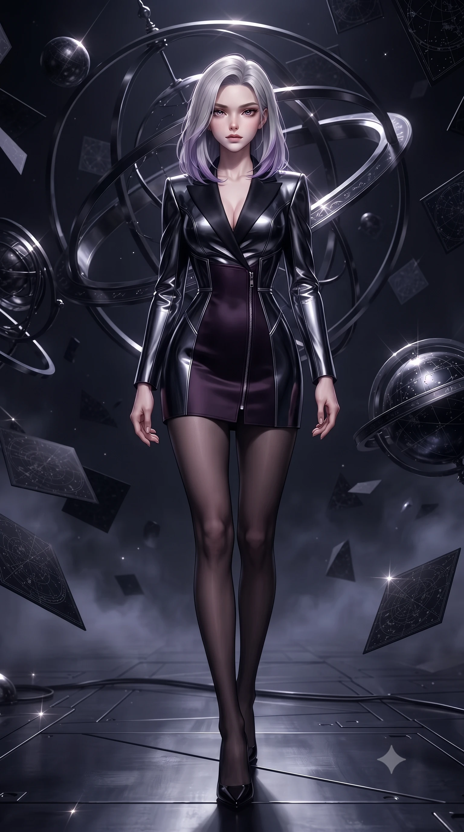 score_9, masterpiece, best quality, ultra-detailed, high-budget anime keyframe, editorial fashion photography, tasteful artistic composition, Caucasian woman. low angle full-body shot from head to toe showing her feet, filling the entire 9:16 vertical frame with her statuesque presence, stretching her vertical silhouette. forging confidently through the dark atmospheric mist, holding a poised statuesque stance, navigating a dark armillary sphere hall with floating black star charts, starlight reflections glinting sharply off dark metallic armillary rings. She has an absolutely perfect, statuesque 8.5-heads proportion, an exceptionally tall and slender model-like female figure with impossibly long slender legs and an ultra-slim waist. sharp v-shaped jawline, high-bridge nose, intricate jewel-like eyes with depth, thick eyelashes, glossy lips with a natural sheen. wearing tailored onyx black tux dress with silk lapels and fitted waist in dark plum violet, made of sculpted obsidian metallic chrome, finished with metallic silver boning and sleek zipper points, highlighting her statuesque proportions and ultra-slim waistline. surrounded by an eerie dark violet starlight aura and sharp rim highlights. highly saturated vibrant anime colors, detailed shading with soft gradients, rich glossy textures, high-contrast stereoscopic depth, volumetric dynamic lighting, master piece, 9:16 ratio