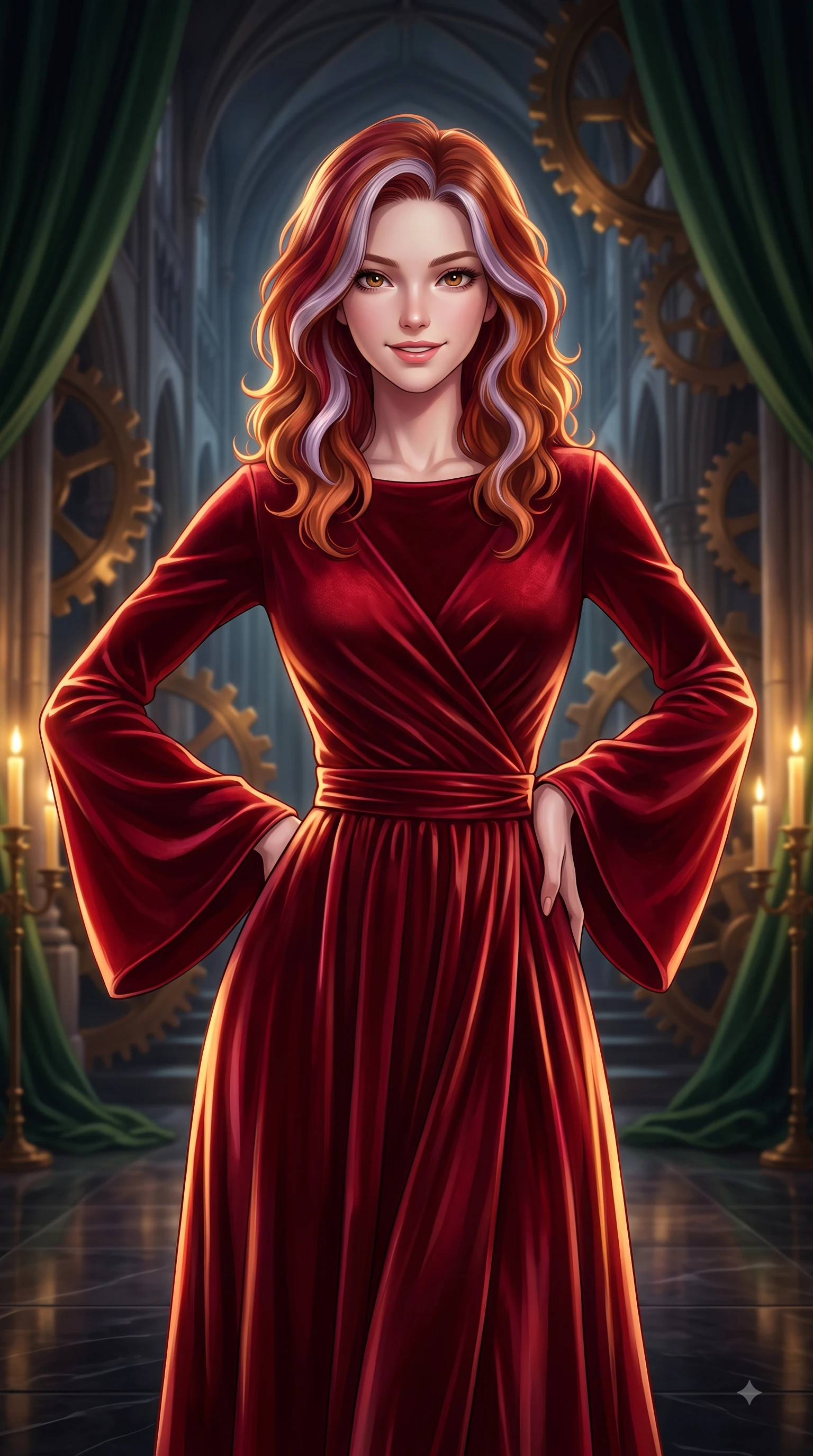 score_9, masterpiece, best quality, ultra-detailed, high-budget anime keyframe, editorial fashion photography, tasteful artistic composition, Caucasian woman woman. close-up cowboy shot from the waist and thighs up, the character dominates the composition, filling the frame with her large presence, background elements kept in soft focus. She has an exceptionally elegant, slender, and willowy female figure with an ultra-slim waist, a gracefully sculpted slender torso, and a refined silhouette. smiling with quiet, magnetic self-assurance directly into the camera lens, flawlessly proportioned anatomical accuracy, natural body alignment, perfectly sculpted elegant limbs, clean dynamic posture without body distortion. set against a soft-focus background of a high space cathedral nave with rotating bronze gears and velvet drapes. wearing a luxurious velvet wrap gown with long bell sleeves and a modest boat neckline. bathed in dramatic chiaroscuro key light with flickering golden candlelight. highly saturated vibrant anime colors, detailed shading with soft gradients, rich glossy textures, high-contrast stereoscopic depth, volumetric dynamic lighting, master piece, 9:16 ratio
