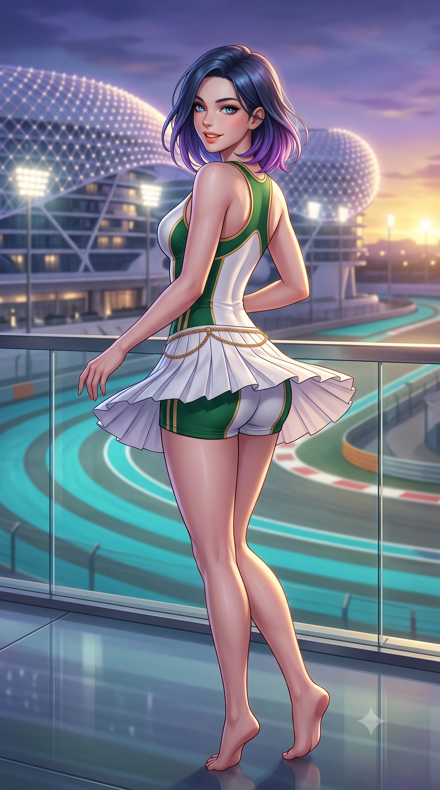 score_9, masterpiece, best quality, ultra-detailed, high-budget anime keyframe, semi-realistic 3D game render, editorial fashion photography, tasteful artistic composition, Caucasian woman. low angle full-body shot from head to toe showing her feet, filling the entire 9:16 vertical frame with her statuesque presence, stretching her vertical silhouette. executing an athletic pivot turn as her pleated tennis skirt flutters around her slender legs, glancing over her shoulder with an intoxicating, teasing bedroom-gaze while standing poised on the glass-walled VIP rooftop terrace as the sun sets over the futuristic illuminated grid shell hotel, arching her back with majesty. The background shows a soft-focus racing curbs painted in bright turquoise and illuminated track runoff zones softened in ultramodern Grand Prix shallow focus. She has an absolutely perfect, statuesque 8.5-heads proportion, an exceptionally tall and slender model-like female figure with impossibly long slender legs, an ultra-slim waist, a flat toned midriff, narrow delicate ribcage, and beautifully sculpted feminine hips creating a graceful, slim hourglass silhouette without any bulky heaviness. sharp v-shaped jawline, high-bridge nose, sparkling eyes with athletic focus and depth, thick curled eyelashes, glossy parted lips with a natural coral-peach sheen, bright confident and coquettish smile with alluring bedroom-eyes, exuding both youthful sporty vigor and sovereign high-society glamour, flawlessly proportioned anatomical accuracy, strict slender model proportions, natural body alignment, perfectly sculpted long slender limbs, ultra-slim waistline, clean dynamic posture without body distortion. wearing a bodycon racerback athletic romper with high-cut leg openings and side racing stripe tape accentuating her curvy hips in crisp Wimbledon white and British racing green with gold accents, made of smooth liquid-tight stretch jersey emphasizing every curve of her body, accented with a delicate gold chain belt resting loosely on her curvy hips, the liquid-tight tailored fabric clinging flawlessly to her narrow waist and rounded feminine hips, emphasizing every millimeter of her sculpted slim hourglass curves without any bulky heaviness. illuminated by track floodlight bounce and sharp violet-gold rim lights sculpting her razor-sharp jawline, narrow waist, and curvy hips. highly saturated vibrant anime colors, detailed shading with soft gradients, rich glossy textures, high-contrast stereoscopic depth, volumetric dynamic lighting, master piece, 9:16 ratio