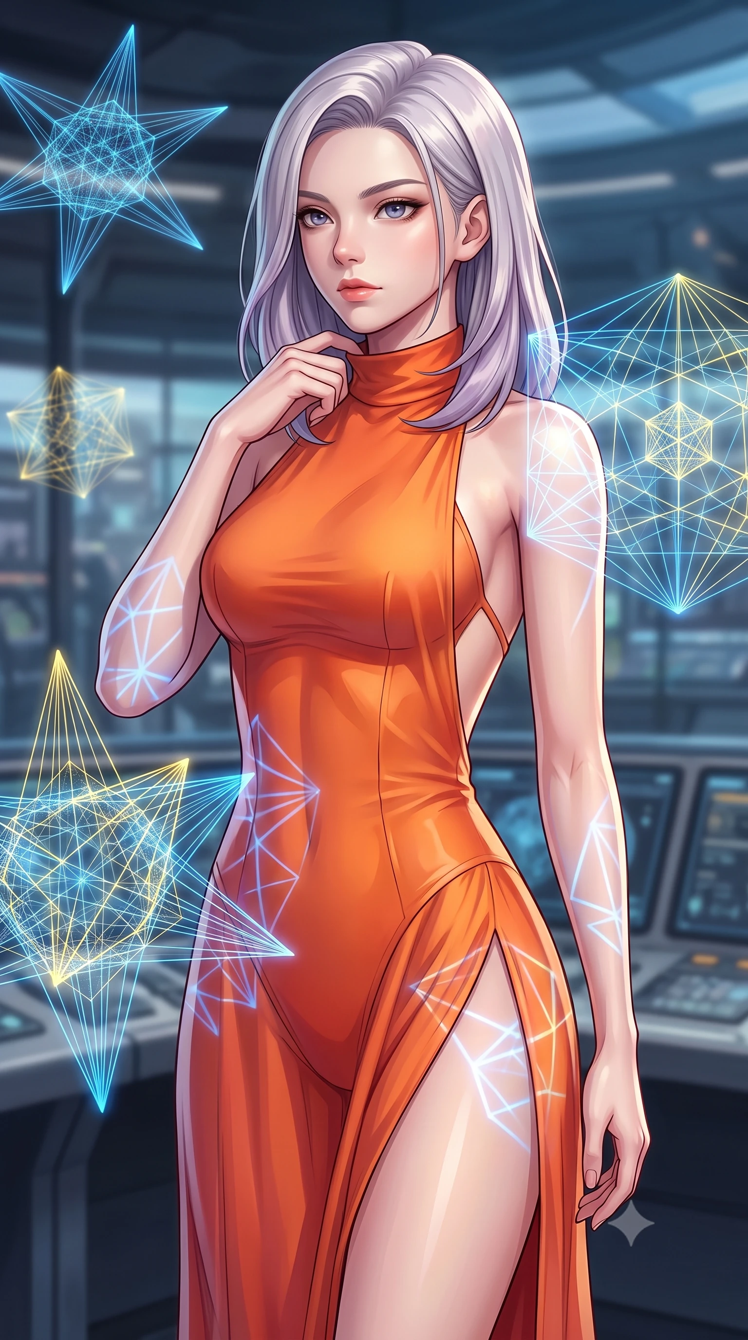 score_9, masterpiece, best quality, ultra-detailed, high-budget anime keyframe, editorial fashion photography, tasteful artistic composition, Caucasian woman. close-up cowboy shot from the waist and thighs up, the character dominates the composition, filling the frame with her large presence, background elements kept in soft focus. adjusting the high collar of her body-hugging suit, looking past the camera with quiet, sharp focus and a composed expression, the background shows a soft-focus a glass bridge laboratory console room with floating wireframe models of star structures. She has an exceptionally elegant, slender, and willowy female figure with an ultra-slim waist, a gracefully sculpted slender torso, and a refined silhouette. sharp v-shaped jawline, high-bridge nose, intricate jewel-like eyes with depth, thick eyelashes, glossy lips with a natural sheen. wearing a form-contouring high-slit space combat gown in sunset orange chiffon, featuring a daring thigh-slit and an open-back design. soft blue and yellow wireframe holograms casting geometric patterns on her. highly saturated vibrant anime colors, detailed shading with soft gradients, rich glossy textures, high-contrast stereoscopic depth, volumetric dynamic lighting, master piece, 9:16 ratio
