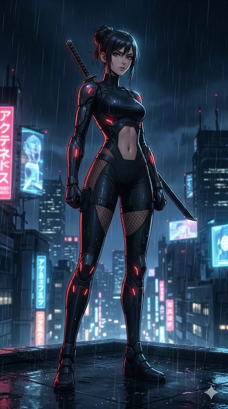 score_9, masterpiece, best quality, ultra-detailed, semi-realistic high-budget anime keyframe, an incredibly beautiful Japanese woman. Low angle cowboy shot filling the entire 9:16 frame with her statuesque presence. She is a rogue cybernetic ninja standing on a rainy skyscraper rooftop, her armor glowing red. She has an absolutely perfect 8-heads proportion, an exceptionally tall and slender female figure with impossibly long slender legs and an ultra-slim waist. Her face is a masterpiece featuring a sharp v-shaped jawline, high-bridge nose, and intricate jewel-like eyes. She is wearing a skin-tight matte black tactical suit, midriff exposed, sensual fishnet stockings, highlighting her alluring silhouette. Futuristic city skyline at night, dramatic rim lighting, cinematic shadows, 2k, ultra detail, master piece, 9:16 ratio