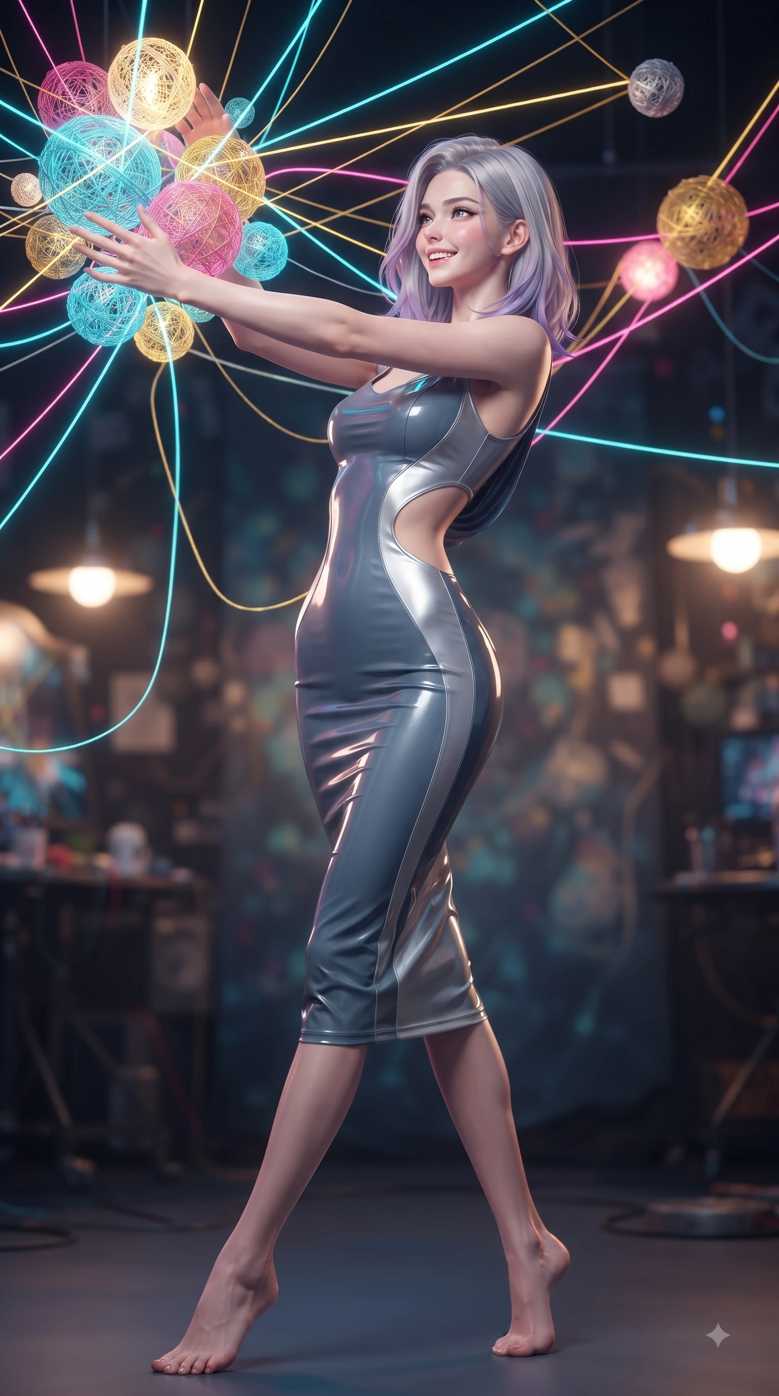 score_9, masterpiece, best quality, ultra-detailed, high-budget anime keyframe, editorial fashion photography, tasteful artistic composition, Caucasian woman. low angle full-body shot from head to toe showing her feet, filling the entire 9:16 vertical frame with her statuesque presence, stretching her vertical silhouette. forging dynamically through the scene with a happy infectious smile, her ultra-slim waist creating a sweeping curve while reaching forward with a cheerful arm stretch to touch a cluster of glowing yarn spheres, fluorescent cyan, yellow, pink, and gold light threads crossing in 3D space. She has an absolutely perfect, statuesque 8.5-heads proportion, an exceptionally tall and slender model-like female figure with impossibly long slender legs and an ultra-slim waist. sharp v-shaped jawline, high-bridge nose, intricate jewel-like eyes with depth, thick eyelashes, glossy lips with a natural sheen, flawlessly proportioned anatomical accuracy, natural body alignment, perfectly sculpted elegant limbs, clean dynamic posture without body distortion. wearing a precision-fitted liquid jersey bodycon dress with a graceful draped back in slate blue and metallic silver, tailored from high-gloss patent leather, featuring clean architectural cutouts along her slender torso, the tailored fabric tightly following every curve of her athletic build. surrounded by a vibrant fluorescent aura with bright specular rim lights. ultra-reflective glossy finish, specular highlights, metallic sheen, high-contrast stereoscopic depth, volumetric dynamic lighting, 2k, ultra detail, master piece, 9:16 ratio