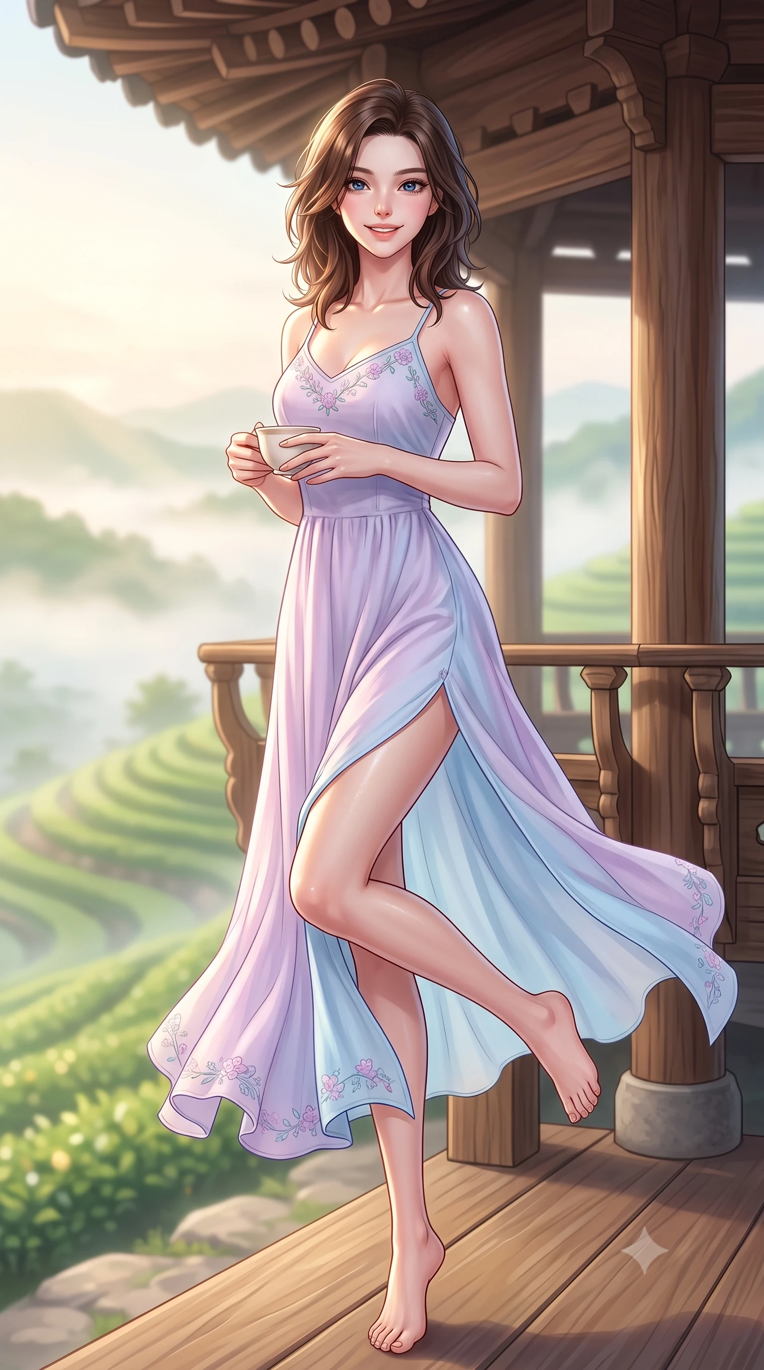score_9, masterpiece, best quality, ultra-detailed, high-budget anime keyframe, semi-realistic 3D game render, editorial fashion photography, tasteful artistic composition, Korean woman. low angle full-body shot from head to toe showing her feet, filling the entire 9:16 vertical frame with her statuesque presence, stretching her vertical silhouette. standing poised on one leg with a playful hop and joyful expression, her long legs and slender figure highlighted against the landscape while pausing at a traditional wooden gazebo on a misty ridge, holding a warm porcelain cup with a serene, sweet smile. The composition keeps background elements in soft focus with creamy bokeh. curling morning mist layers and terraced emerald tea ridges blurred into soft pastel green and golden dawn bokeh. She has an absolutely perfect, statuesque 8.5-heads proportion, an exceptionally tall and slender model-like female figure with impossibly long slender legs, a toned flat midriff, and an ultra-slim waist. sharp v-shaped jawline, high-bridge nose, intricate jewel-like eyes with depth, thick eyelashes, glossy lips with a natural sheen, pure and lovely fresh girlhood expression, flawlessly proportioned anatomical accuracy, strict slender model proportions, natural body alignment, perfectly sculpted long slender limbs, ultra-slim waistline, clean dynamic posture without body distortion. wearing a flowy silk-chiffon maxi dress with a gentle side slit and fluttering hemline in soft pastel lavender and delicate sky blue, crafted from soft breathable linen that flutters gently in the breeze, complemented by subtle floral embroidery along the neckline and hem, the breezy lightweight fabric fluttering softly against her delicate collarbones, narrow waist, and feminine curves. illuminated by gentle morning sunbeams casting a warm, dewy glow on her skin and attire. highly saturated vibrant anime colors, detailed shading with soft gradients, rich glossy textures, high-contrast stereoscopic depth, volumetric dynamic lighting, master piece, 9:16 ratio