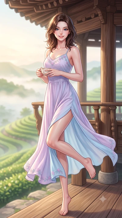 score_9, masterpiece, best quality, ultra-detailed, high-budget anime keyframe, semi-realistic 3D game render, editorial fashion photography, tasteful artistic composition, Korean woman. low angle full-body shot from head to toe showing her feet, fil