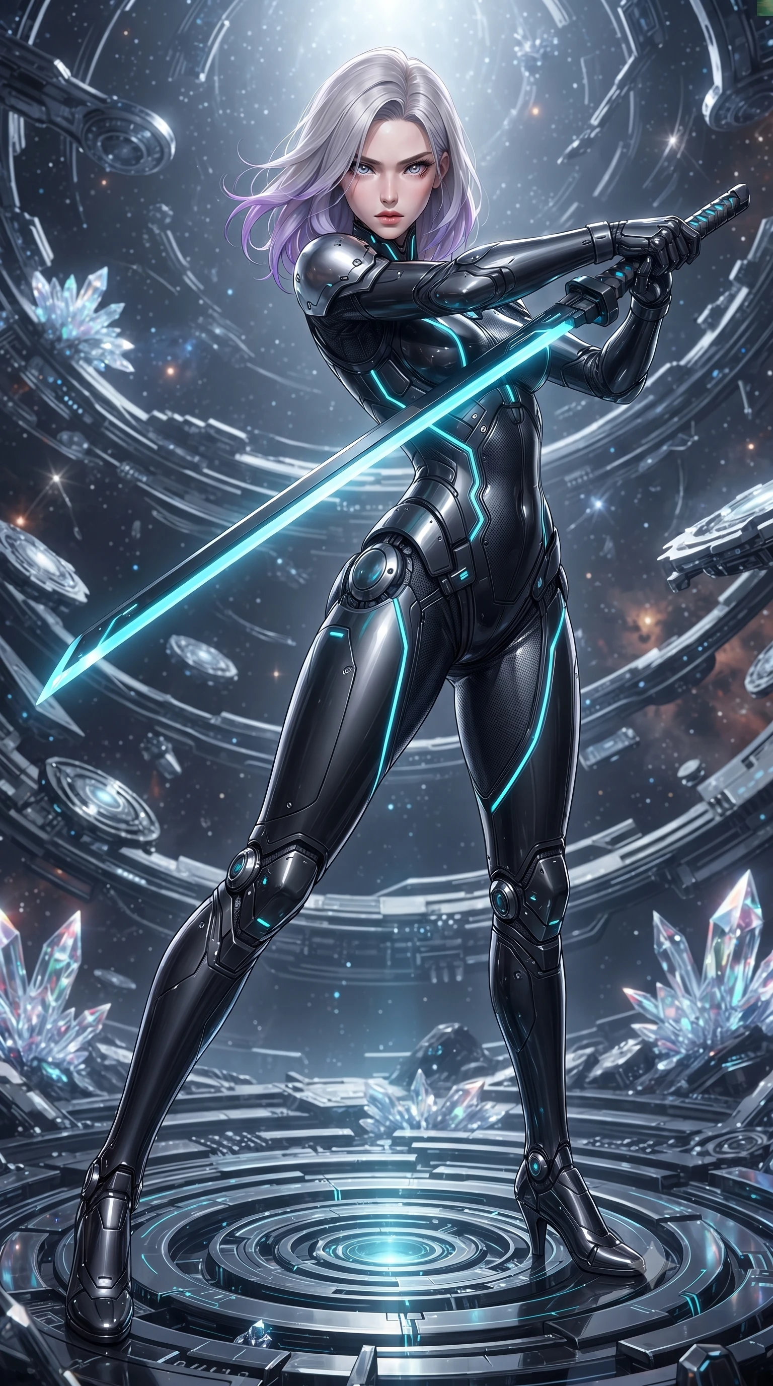 score_9, masterpiece, best quality, ultra-detailed, high-budget anime keyframe, editorial fashion photography, tasteful artistic composition, Caucasian woman. low angle full-body shot from head to toe showing her feet, filling the entire 9:16 vertical frame with her statuesque presence, stretching her vertical silhouette. pivoting dynamically in mid-motion with a breathtakingly alluring posture, displaying her flawless model proportions, toned flat midriff, and ultra-slim waist while arching her spine in a fluid zero-gravity stretch, her long slender legs and sculpted torso creating a sweeping celestial line. The surrounding environment is rendered in vivid detail and crisp panoramic clarity. intricate carbon exoskeleton joints, gravitational wave distortion ripples, and star consoles in high clarity. She has an absolutely perfect, statuesque 8.5-heads proportion, an exceptionally tall and slender model-like female figure with impossibly long slender legs, a toned flat midriff, and an ultra-slim waist. sharp v-shaped jawline, high-bridge nose, intricate jewel-like eyes with depth, thick eyelashes, glossy lips with a natural sheen, flawlessly proportioned anatomical accuracy, strict slender model proportions, natural body alignment, perfectly sculpted long slender limbs, ultra-slim waistline, clean dynamic posture without body distortion. wearing an aerodynamic matte-black carbon-fiber bodysuit with glowing neon cyan conduit lines, reinforced by polished titanium pauldrons, wielding a sleek holographic plasma katana with a brilliant energy blade in matte obsidian carbon black with electric cyan conduits, crafted from semi-translucent cybernetic carbon-vinyl interwoven with glowing micro-filaments, detailed with magnetic weapon holsters and polished chrome connection clasps, the liquid-tight tailored fabric emphasizing every curve of her tall, slender model proportions and sculptured silhouette during dynamic movement. surrounded by an awe-inspiring, supreme, and radiantly transcendent cosmic guardian goddess aura. ultra-reflective glossy finish, specular highlights, dark metallic sheen, high-contrast stereoscopic depth, volumetric dynamic lighting, 2k, ultra detail, master piece, 9:16 ratio
