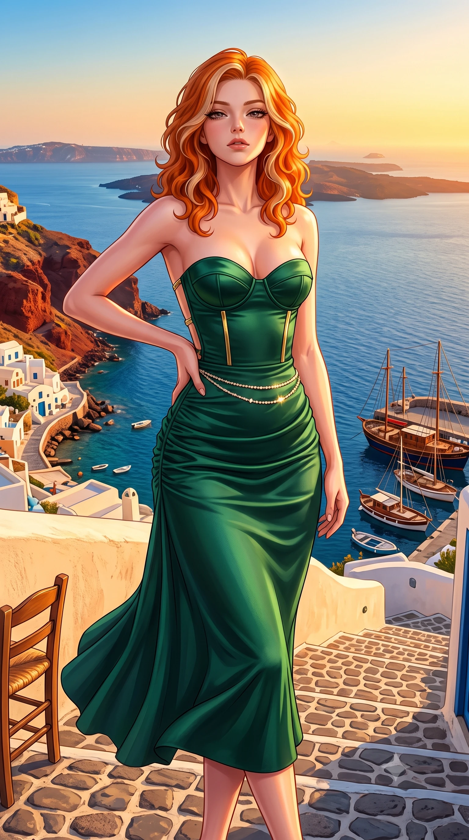 score_9, masterpiece, best quality, ultra-detailed, high-budget anime keyframe, semi-realistic 3D game render, editorial fashion photography, tasteful artistic composition, Caucasian woman. close-up cowboy shot from the waist and thighs up, the character dominates the composition, filling the frame with her large presence. tilting her chin up with proud, sovereign allure while gazing through thick eyelashes, one hand resting on her waist in pure supermodel charisma while standing poised on the cobblestone taverna terrace, twisting her slender torso in an alluring contrapposto stance as the evening Aegean breeze flutters her dress. The surrounding environment is rendered in vivid detail and crisp panoramic clarity. detailed linen sundress weave, sun-dappled skin highlights, and wooden boat rigging in high resolution. She has an exceptionally elegant, slender, and willowy female figure with an ultra-slim waist, flat toned midriff, narrow ribcage, and sculpted feminine hips creating an alluring, slim hourglass silhouette without bulk. sharp v-shaped jawline, high-bridge nose, intricate jewel-like eyes with depth, thick eyelashes, glossy parted lips with a natural sheen, intensely captivating and seductive bedroom-eyes expression, flawlessly proportioned anatomical accuracy, strict slender model proportions, natural body alignment, perfectly sculpted long slender limbs, ultra-slim waistline, clean dynamic posture without body distortion. wearing an ultra-fitted strapless bustier midi dress with side hip ruching and exposed spine in deep emerald green satin and gold hardware, tailored from liquid silk jersey adhering flawlessly to her slender build, accented with a dainty diamond waist chain catching the ambient light reflections, the glove-like aerodynamic silhouette tightly following the natural contour of her hips and long slender legs with statuesque 8.5-heads elegance. bathed in intense golden hour Aegean sunset glow reflecting off deep red volcanic rocks. highly saturated vibrant anime colors, detailed shading with soft gradients, rich glossy textures, high-contrast stereoscopic depth, volumetric dynamic lighting, master piece, 9:16 ratio