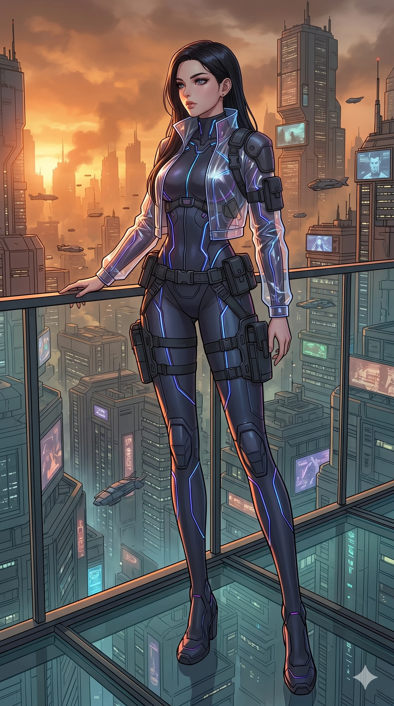 score_9, masterpiece, best quality, ultra-detailed, high-budget anime movie keyframe, cinematic anime lighting, intricate line art, Caucasian (strictly human ears) woman. Dynamic full-body shot stretching the vertical silhouette with extreme perspective. surveying a sprawling mega-city from a glass balcony under a smog sunset. She has an absolutely perfect 8-heads proportion, an exceptionally tall and slender female figure with an ultra-slim waist and impossibly long slender legs. strictly human anatomy, two legs only, no extra limbs, clearly defined legs and arms, perfect anatomy, perfect hands and fingers. sharp v-shaped jawline, high-bridge nose, intricate jewel-like eyes, thick eyelashes, glossy lips. Wearing Tech-Fantasy: Cybernetic tech-suit with glowing seams, translucent PVC over leotard, and modular tactical gear. The scene is illuminated by dramatic atmospheric lighting and vibrant color palettes. , 2k, ultra detail, master piece, 9:16 ratio