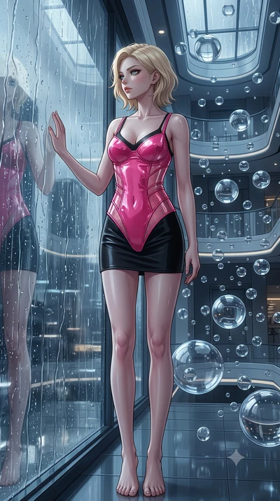 score_9, masterpiece, best quality, ultra-detailed, High-budget Anime Keyframe, Caucasian woman, strictly human ears. Low angle cowboy shot filling the entire 9:16 frame with her statuesque presence. Scenario 457: looking out at the rain through a we