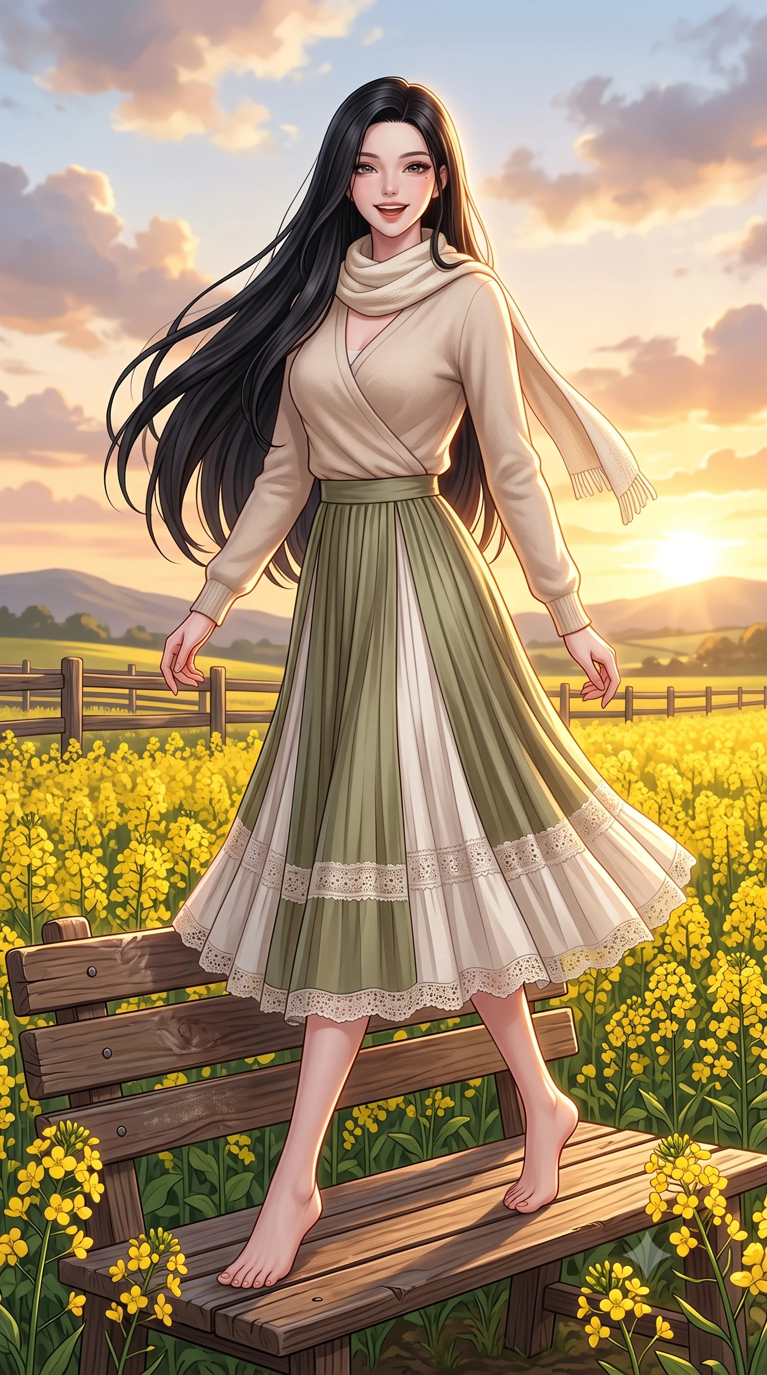 score_9, masterpiece, best quality, ultra-detailed, high-budget anime keyframe, semi-realistic 3D game render, editorial fashion photography, tasteful artistic composition, Korean woman. low angle full-body shot from head to toe showing her feet, filling the entire 9:16 vertical frame with her statuesque presence, stretching her vertical silhouette. stepping forward gracefully in mid-motion with a delighted cute laugh, displaying her tall slender model proportions while sitting cheerfully on a rustic wooden bench amidst blooming yellow blossoms, eyes twinkling with warm affection. The surrounding environment is rendered in vivid detail and crisp panoramic clarity. vibrant yellow canola blossoms, rustic farm fences, and glowing evening clouds in high clarity. She has an absolutely perfect, statuesque 8.5-heads proportion, an exceptionally tall and slender model-like female figure with impossibly long slender legs, a toned flat midriff, and an ultra-slim waist. sharp v-shaped jawline, high-bridge nose, intricate jewel-like eyes with depth, thick eyelashes, glossy lips with a natural sheen, pure and lovely fresh girlhood expression, flawlessly proportioned anatomical accuracy, strict slender model proportions, natural body alignment, perfectly sculpted long slender limbs, ultra-slim waistline, clean dynamic posture without body distortion. wearing an elegant soft cashmere wrap sweater paired with a flowing pleated satin midi skirt in muted olive green and ivory cotton, woven with delicate eyelet lace and breathable cotton voile, finished with a lightweight knitted scarf draped loosely around her neck, the tailored casual silhouette highlighting her fresh and youthful presence and perfectly proportioned slender frame. bathed in gorgeous warm golden hour sunset backlighting creating a glowing rim light along her hair and figure. highly saturated vibrant anime colors, detailed shading with soft gradients, rich glossy textures, high-contrast stereoscopic depth, volumetric dynamic lighting, master piece, 9:16 ratio