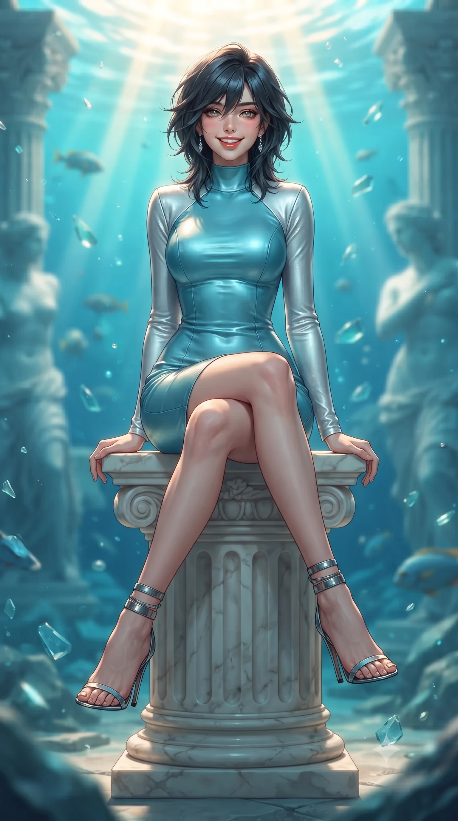 score_9, masterpiece, best quality, ultra-detailed, high-budget anime keyframe, editorial fashion photography, tasteful artistic composition, Caucasian woman. low angle full-body shot from head to toe showing her feet, filling the entire 9:16 vertical frame with her statuesque presence, stretching her vertical silhouette. reclining gracefully across the plush chaise lounge with one leg extended, her sculpted silhouette and flat midriff radiating magnetic nocturnal glamour while sitting gracefully on the dry marble pedestal with legs crossed, flashing a radiant smile with parted glossy lips. The background shows a soft-focus brilliant volumetric sunbeams penetrating 20 meters of pristine turquoise water, drifting sea glass fragments, and submerged classical statues blurred into topaz, cyan, and pearl bokeh. She has an exceptionally tall and slender model-like 8.5-heads proportion, an ultra-slim waist, a flat toned midriff, narrow delicate ribcage, and beautifully sculpted feminine hips creating a graceful, slim hourglass silhouette without any bulky heaviness, with impossibly long slender legs. sharp v-shaped jawline, high-bridge nose, intricate jewel-like sparkling eyes with depth, thick eyelashes, glossy parted lips with a natural peach sheen, bright cheerful beaming smile with an enchanting and coquettish sensual glint, exuding both youthful cute charm and seductive allure, flawlessly proportioned anatomical accuracy, strict slender model proportions, natural body alignment, perfectly sculpted long slender limbs, ultra-slim waistline, clean dynamic posture without body distortion. wearing a glove-like stretch lambskin leather sheath dress accentuating her ultra-slim waistline without bulk in glacial aurora cyan and starlight silver, woven from buttery-soft stretch lambskin leather adhering to her body like a second skin, complemented by strappy stiletto sandals with metallic ankle wraps accentuating her slender calves, the liquid-tight tailored fabric clinging flawlessly to her narrow waist and rounded feminine hips, emphasizing every millimeter of her sculpted slim hourglass curves without any bulky heaviness. bathed in blinding warm golden midday sunbeams slicing through cool turquoise water. ultra-reflective glossy finish, specular highlights, rich textural contrasts, high-contrast stereoscopic depth, volumetric dynamic lighting, 2k, ultra detail, master piece, 9:16 ratio