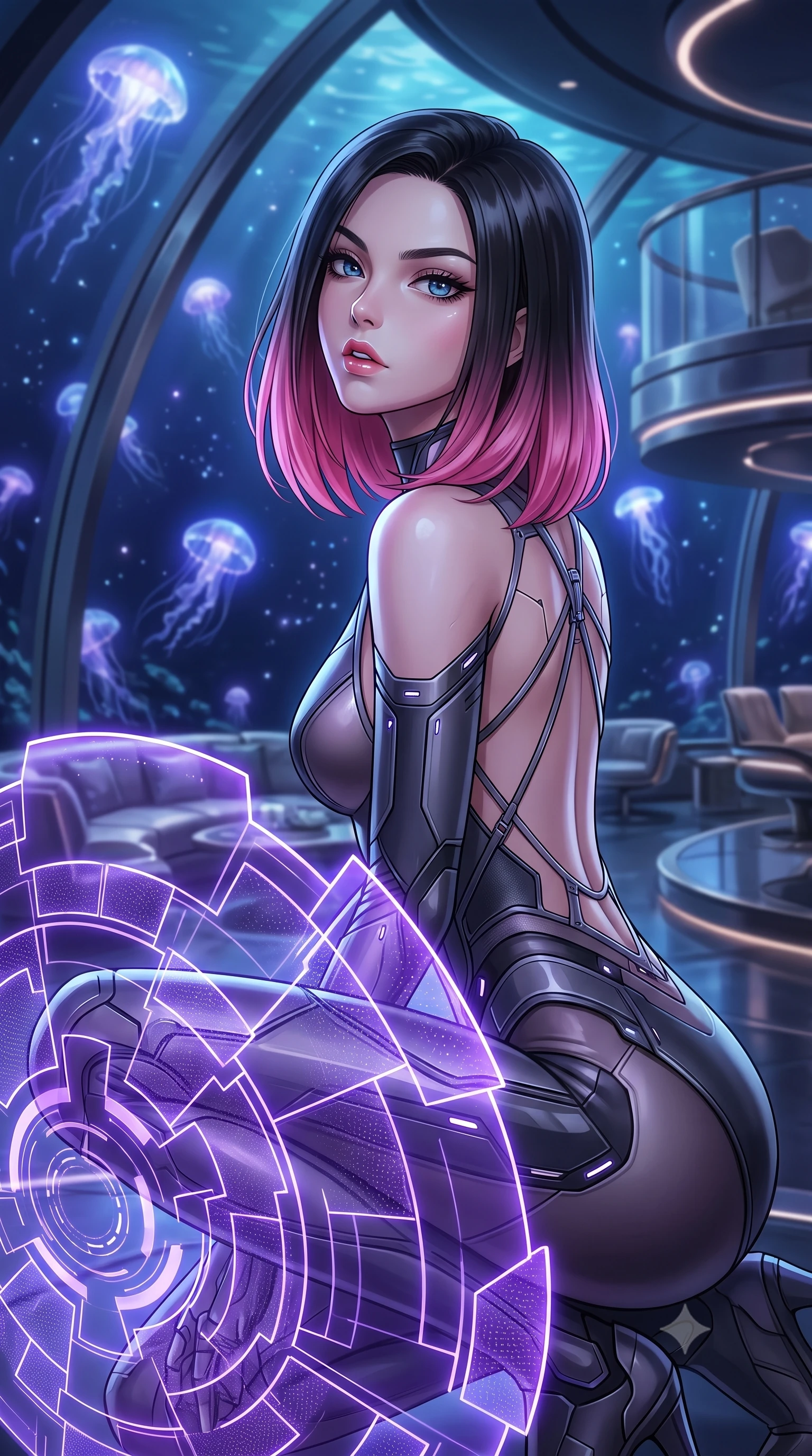 score_9, masterpiece, best quality, ultra-detailed, high-budget anime keyframe, editorial fashion photography, tasteful artistic composition, Korean woman. close-up cowboy shot from the waist and thighs up, the character dominates the composition, filling the frame with her large presence, background elements kept in soft focus. crouching slightly behind a glowing holographic shield emitter, looking up with defiance and lips slightly parted, the background shows a soft-focus a deep-sea observatory lounge with curved glass walls showing giant jellyfish. She has an exceptionally elegant, slender, and willowy female figure with an ultra-slim waist, a gracefully sculpted slender torso, and a refined silhouette. sharp v-shaped jawline, high-bridge nose, intricate jewel-like eyes with depth, thick eyelashes, glossy lips with a natural sheen. wearing a slim-fit low-cut cybernetic bodysuit with open-back design and thin structural straps crossing her bare shoulder blades. cool indigo and violet starlight from bioluminescent jellyfish drifting outside. highly saturated vibrant anime colors, detailed shading with soft gradients, rich glossy textures, high-contrast stereoscopic depth, volumetric dynamic lighting, master piece, 9:16 ratio