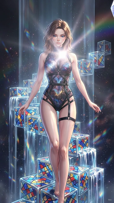 A high-budget anime film style video. Bright volumetric light beams stream through hanging crystals, refracting into dynamic, rotating rainbow flares that sweep across the frame. Shimmering dust motes float through the illuminated beams. The camera m