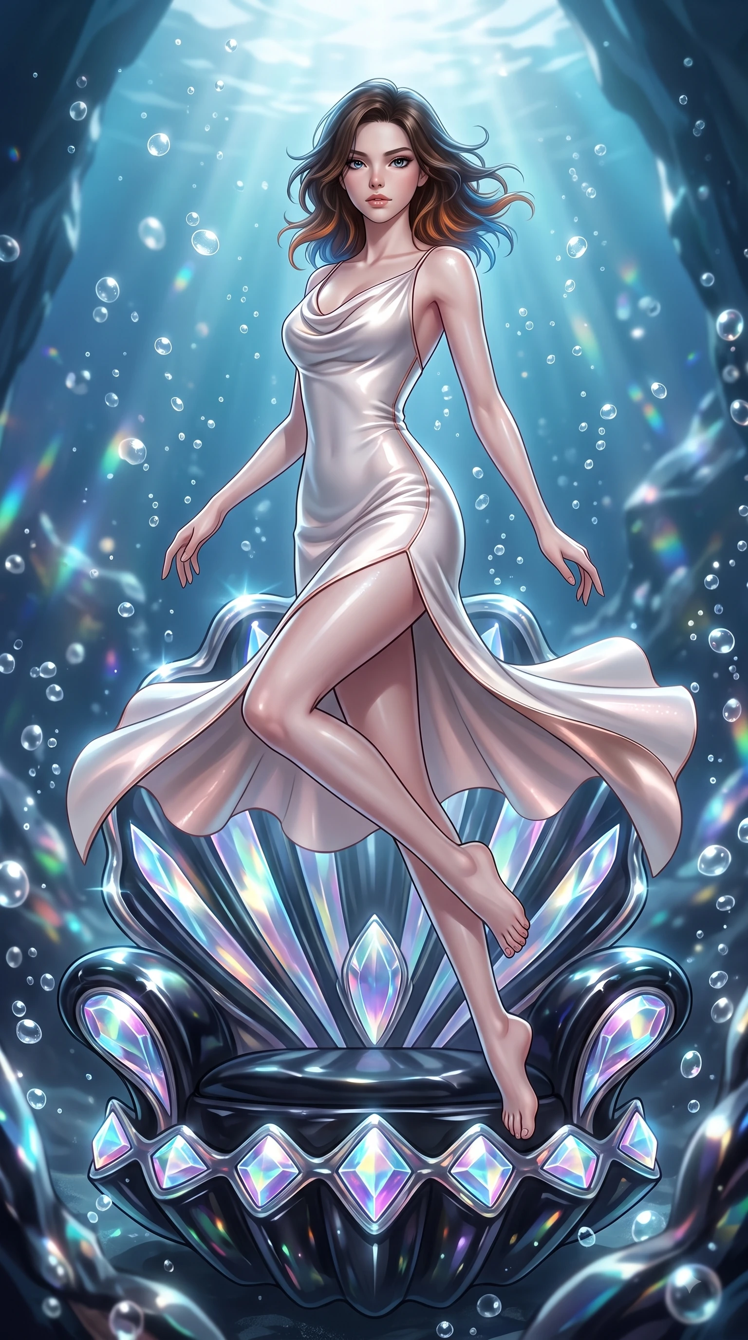 score_9, masterpiece, best quality, ultra-detailed, high-budget anime keyframe, editorial fashion photography, tasteful artistic composition, Korean woman. low angle full-body shot from head to toe showing her feet, filling the entire 9:16 vertical frame with her statuesque presence, stretching her vertical silhouette. leaping gracefully through mid-air with statuesque elegance, her impossibly long slender legs stretched in perfect balance while poised on an abyssal prism shell throne as gentle sea bubbles cast pearl-white highlights, gentle ocean currents swaying her lightweight attire in fluid underwater motions. She has an absolutely perfect, statuesque 8.5-heads proportion, an exceptionally tall and slender model-like female figure with impossibly long slender legs and an ultra-slim waist. sharp v-shaped jawline, high-bridge nose, intricate jewel-like eyes with depth, thick eyelashes, glossy lips with a natural sheen, flawlessly proportioned anatomical accuracy, natural body alignment, perfectly sculpted elegant limbs, clean dynamic posture without body distortion. wearing an elegant cowl-neck satin midi dress with a graceful draped neckline in pearl white and rose gold, formed from sleek second-skin neoprene, finished with a sleek side slit ascending to mid-thigh, the sleek second-skin texture accentuating her magnetic presence. surrounded by a shimmering ocean aura with bright pearl-white specular rim lights. ultra-reflective glossy finish, specular highlights, metallic sheen, high-contrast stereoscopic depth, volumetric dynamic lighting, 2k, ultra detail, master piece, 9:16 ratio