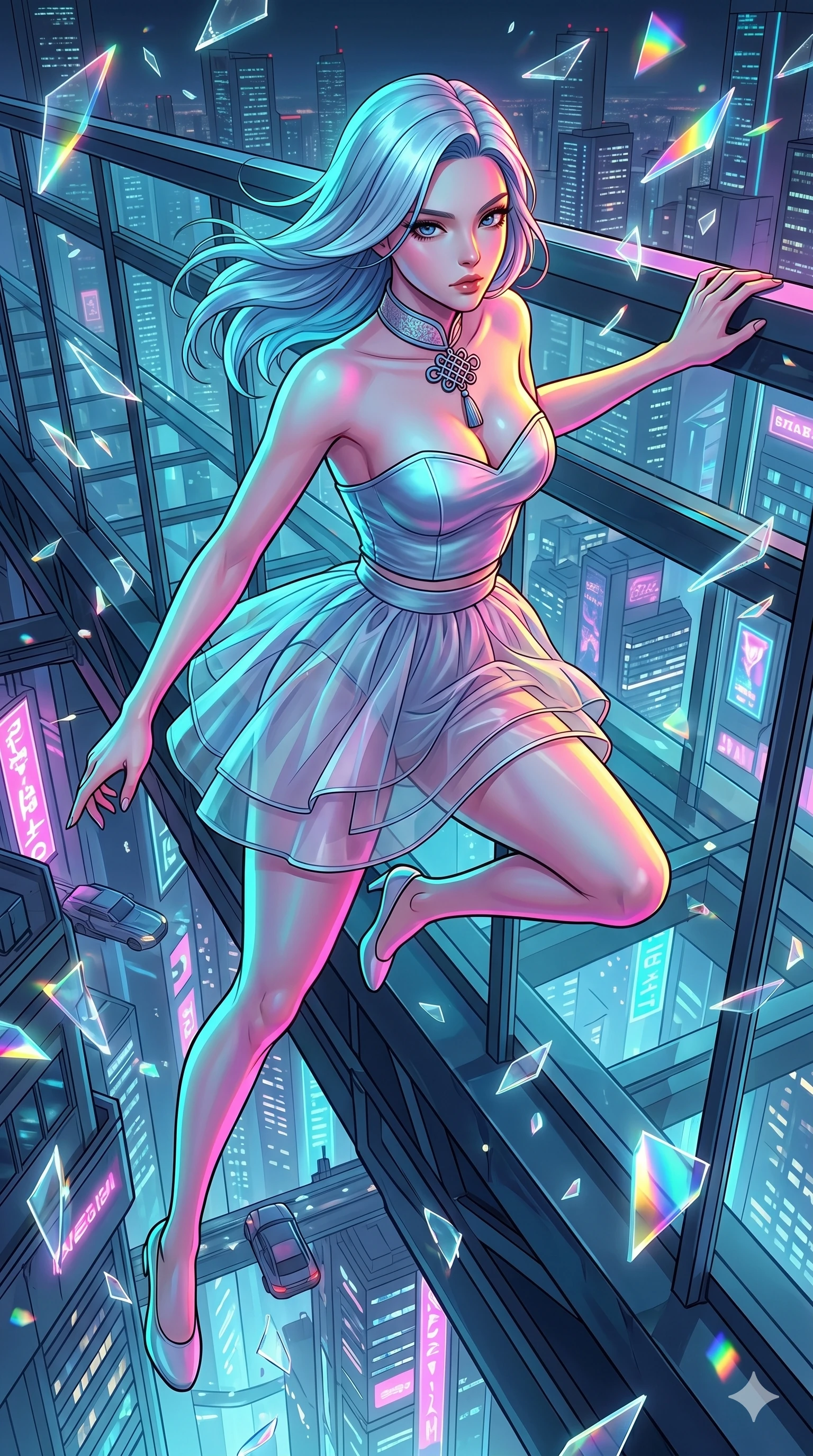score_9, masterpiece, best quality, ultra-detailed, high-budget anime keyframe, editorial fashion photography, tasteful artistic composition, Korean woman. upper body close-up from the thighs up, character filling the screen for maximum presence. leaping upwards into on a futuristic sky bridge overlooking a sprawling neon mega-city with flying vehicles as floating shattered glass shards refract light like tiny prisms. She has an absolutely perfect 8-heads proportion, an exceptionally tall and slender female figure with impossibly long slender legs and an ultra-slim waist. V-shaped jawline, high-bridge nose, intricate jewel-like eyes with depth, thick eyelashes, glossy lips with a natural sheen.. wearing a modern fusion silk hanbok dress, featuring a silk bustier top, layered sheer organza skirts, and a traditional knot choker. lit by high-contrast neon strobes that carve out her dynamic posture and V-shaped jawline. 2k, ultra detail, master piece, 9:16 ratio