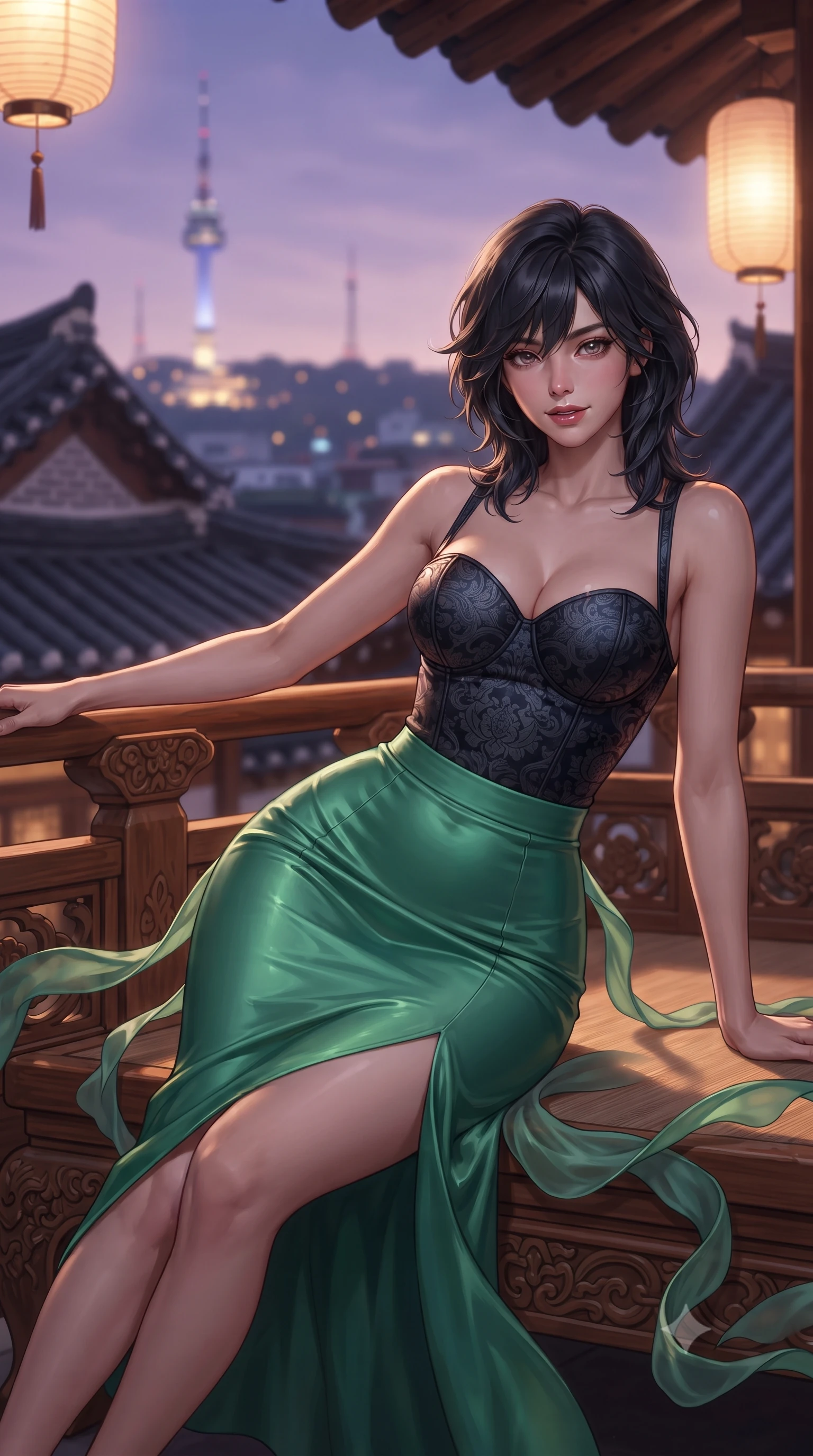 score_9, masterpiece, best quality, ultra-detailed, high-budget anime keyframe, editorial fashion photography, tasteful artistic composition, Caucasian woman. close-up cowboy shot from the waist and thighs up, the character dominates the composition, filling the frame with her large presence. leaning forward over the carved veranda balustrade while arching her lower back to accentuate her curvy hips, looking into the camera with an enchanting coquettish smile and bedroom-eyes while lounging on an outdoor low wooden daybed propped on one elbow with one knee bent, her flat midriff and hourglass curves radiant in twilight glow. The background shows a soft-focus layers of traditional curved clay-tiled hanok eaves and the illuminated Seoul N Tower against twilight purple sky blurred into violet, amber, and slate bokeh. She has an exceptionally elegant, slender, and willowy female figure with an ultra-slim waist, flat toned midriff, narrow ribcage, and sculpted feminine hips creating an alluring, slim hourglass silhouette without bulk. sharp v-shaped jawline, high-bridge nose, intricate jewel-like dark sparkling almond eyes with depth, thick lashes, glossy parted lips with a natural rose-plum sheen, bright alluring and coquettish smile with bedroom-eyes, exuding both timeless oriental elegance and sovereign high-fashion allure, flawlessly proportioned anatomical accuracy, strict slender model proportions, natural body alignment, perfectly sculpted long slender limbs, ultra-slim waistline, clean dynamic posture without body distortion. wearing a sweetheart-neckline oriental jacquard bustier top paired with a curve-hugging high-slit mermaid maxi skirt in deep midnight obsidian and luminous imperial jade green, made of supple second-skin stretch silk jersey clinging flawlessly to her form, accented with flowing gossamer silk ribbons that flutter dynamically in the evening breeze, the high-waisted wrap tailoring accentuating her ultra-slim waistline and the enchanting curve of her feminine hips with alluring oriental charm. bathed in glowing violet and rose-gold twilight sky radiance contrasting with warm rooftop lanterns. ultra-reflective glossy finish, specular highlights, rich textural contrasts, high-contrast stereoscopic depth, volumetric dynamic lighting, 2k, ultra detail, master piece, 9:16 ratio