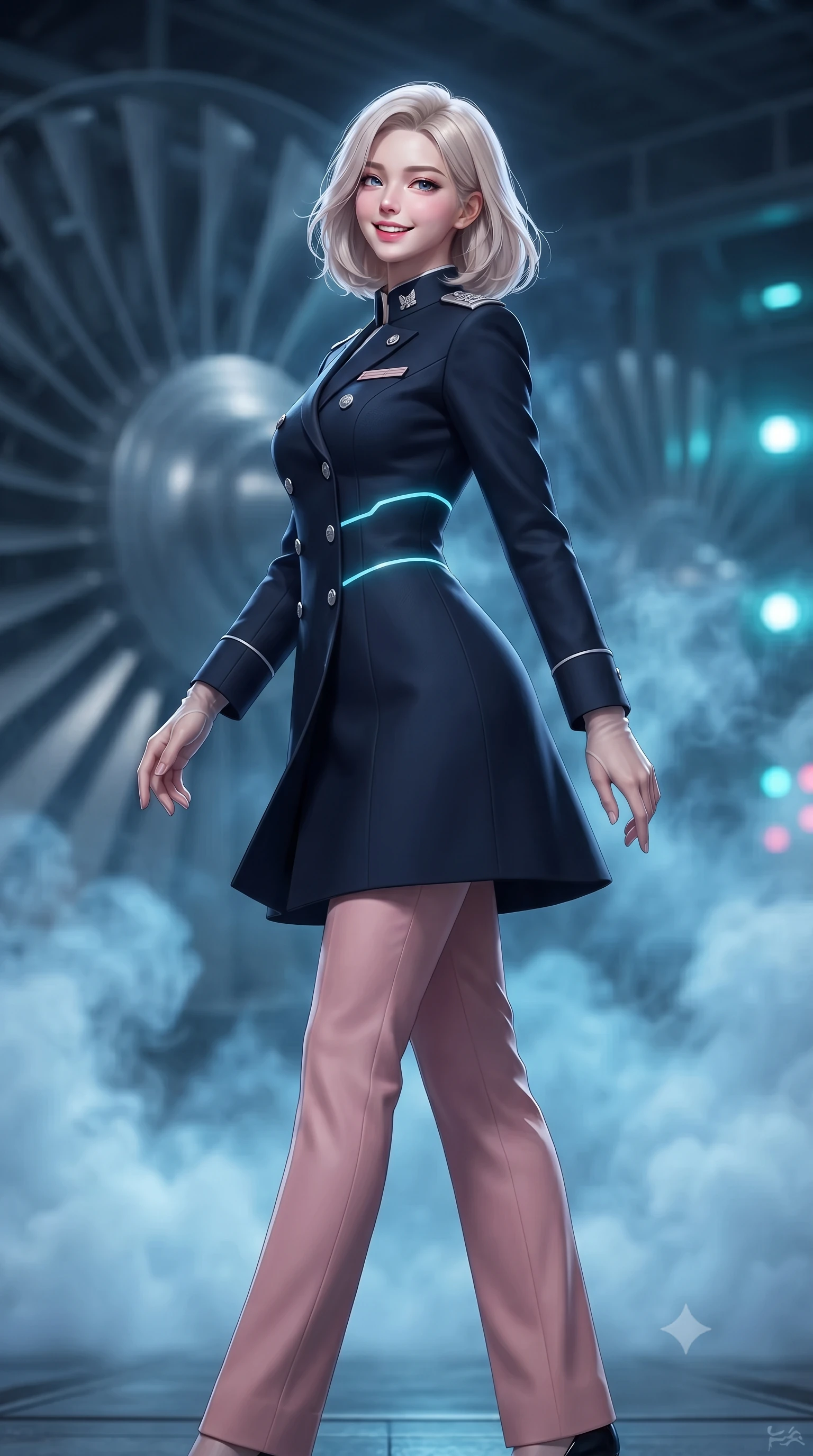 score_9, masterpiece, best quality, ultra-detailed, high-budget anime keyframe, editorial fashion photography, tasteful artistic composition, Korean woman. low angle full-body shot from head to toe showing her feet, filling the entire 9:16 vertical frame with her statuesque presence, stretching her vertical silhouette. executing a slow, graceful pivot turn as her skirt sways around her slender legs, glancing back with an enchanting, teasing sensual expression while twisting her slender torso in an alluring S-curve between condensation-dripping pipes, cyan LED hazard lines tracing her flat midriff and hourglass curves. The background shows a soft-focus massive spinning titanium turbine blades, swirling billows of blue-lit condensation steam, and distant warning strobes blurred into cyan, cobalt, and diamond bokeh. She has an exceptionally tall and slender model-like 8.5-heads proportion, an ultra-slim waist, a flat toned midriff, narrow delicate ribcage, and beautifully sculpted feminine hips creating a graceful, slim hourglass silhouette without any bulky heaviness, with impossibly long slender legs. sharp v-shaped jawline, high-bridge nose, intricate jewel-like sparkling eyes with depth, thick eyelashes, glossy parted lips with a natural peach sheen, bright cheerful beaming smile with an enchanting and coquettish sensual glint, exuding both youthful cute charm and seductive allure, flawlessly proportioned anatomical accuracy, strict slender model proportions, natural body alignment, perfectly sculpted long slender limbs, ultra-slim waistline, clean dynamic posture without body distortion. wearing a tailored orbital navy officer dress uniform featuring a structured double-breasted coat with silver epaulets, high mandarin collar, and matching pressed slacks in Solaris liquid rose-quartz and alien peach, crafted from bespoke double-faced cashmere with an exceptionally soft tactile finish, complemented by sheer opera-length evening gloves tracing her slender arms, the bespoke structured tailoring following the natural line of her 8.5-heads silhouette with refined elegance. illuminated by wet basalt reflection bounce and sharp electric-cyan rim lights defining her dewy collarbones, ultra-slim waist, and curvy hips. ultra-reflective glossy finish, specular highlights, rich textural contrasts, high-contrast stereoscopic depth, volumetric dynamic lighting, 2k, ultra detail, master piece, 9:16 ratio