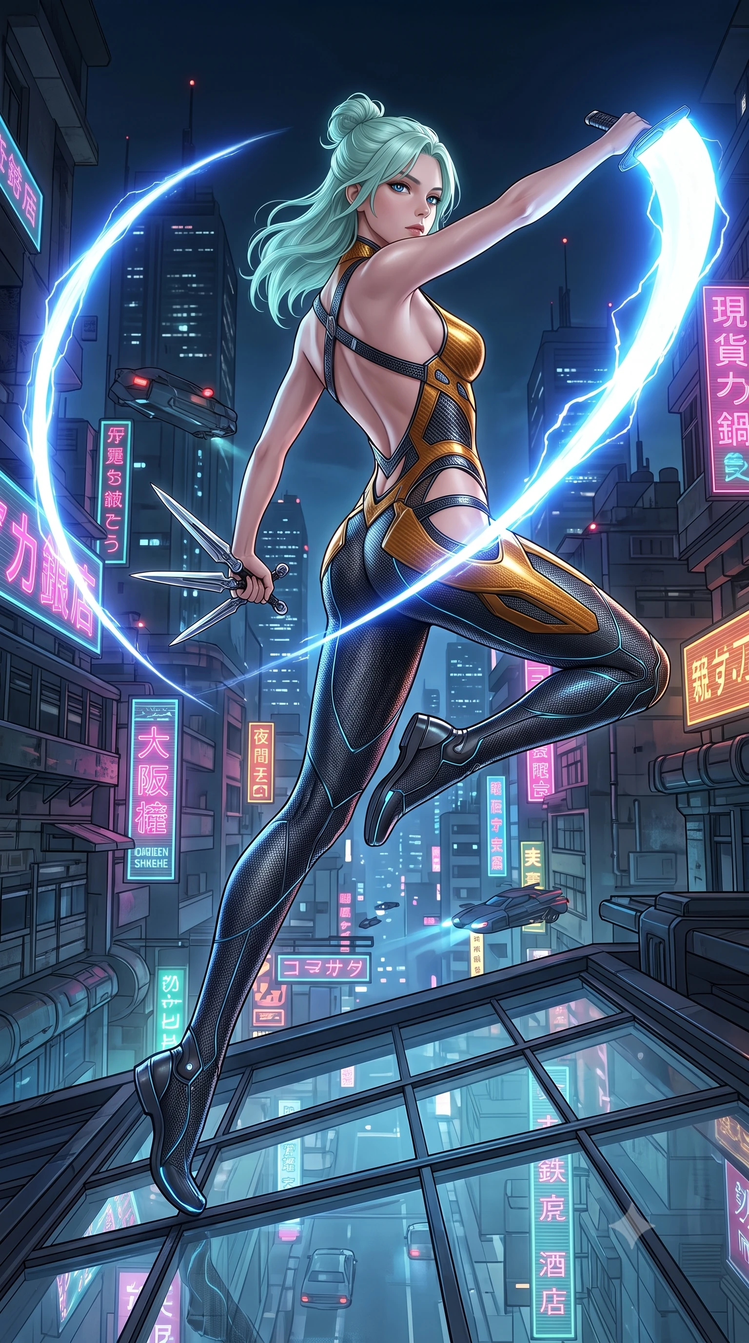 score_9, masterpiece, best quality, ultra-detailed, high-budget anime keyframe, semi-realistic 3D game render, editorial fashion photography, tasteful artistic composition, Japanese woman. low angle full-body shot from head to toe showing her feet, filling the entire 9:16 vertical frame with her statuesque presence, stretching her vertical silhouette. arching her spine in a fluid zero-gravity combat turn with sovereign grace, her long slender legs and sculpted torso creating a sweeping line of power while leaping gracefully across a rooftop glass skylight with plasma katana extended, creating a brilliant arc of electric light. The surrounding environment is rendered in vivid detail and crisp panoramic clarity. high-contrast tactical chiaroscuro and atmospheric cyberpunk urban textures captured with precision. She has an absolutely perfect, statuesque 8.5-heads proportion, an exceptionally tall and slender model-like female figure with impossibly long slender legs, a toned flat midriff, and an ultra-slim waist. sharp v-shaped jawline, high-bridge nose, intricate jewel-like eyes with depth, thick eyelashes, glossy lips with a natural sheen, flawlessly proportioned anatomical accuracy, strict slender model proportions, natural body alignment, perfectly sculpted long slender limbs, ultra-slim waistline, clean dynamic posture without body distortion. wearing an aerodynamic dark titanium carbon-mesh jumper with glowing blue fiber lines, holding twin chrome vibro-daggers with deadly supermodel poise in molten amber-gold carbon cuirass with dark titanium weave, crafted from ultra-strong woven carbon-fiber composite with a satin luster, complemented by criss-cross back harness straps highlighting her completely bare spine, the precision-cut daring openings accentuating her delicate midriff, graceful bare collarbones, and ultra-slim feminine waistline. illuminated by crisp white key lighting with sharp specular highlights tracing her sculpted carbon armor curves. rich saturated anime colors with glowing neon highlights, detailed shading with soft gradients, rich glossy textures, high-contrast stereoscopic depth, volumetric dynamic lighting, master piece, 9:16 ratio