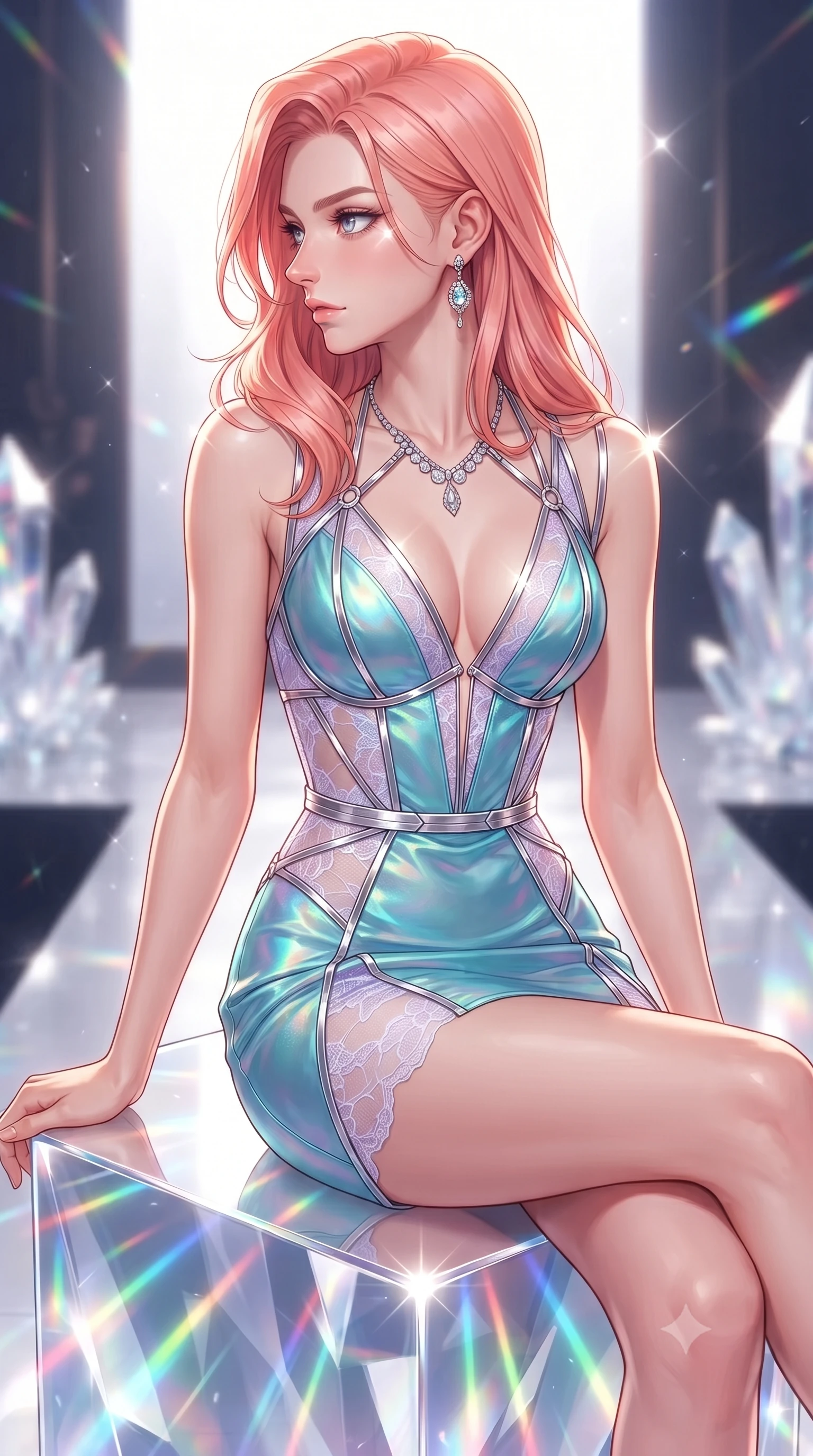 score_9, masterpiece, best quality, ultra-detailed, high-budget anime keyframe, editorial fashion photography, tasteful artistic composition, Japanese woman. close-up cowboy shot from the waist and thighs up, the character dominates the composition, filling the frame with her large presence, background elements kept in soft focus. Turning her face in sharp dramatic profile against the radiant light, poised on a crystalline pedestal reflecting infinite rainbow light trails, fashion editorial presence with high-intensity visual clarity. She has an exceptionally elegant, slender, and willowy female figure with an ultra-slim waist, a gracefully sculpted slender torso, and a refined silhouette. sharp v-shaped jawline, high-bridge nose, intricate jewel-like eyes with depth, thick eyelashes, glossy lips with a natural sheen. wearing deep V-neck corset bodice mini dress with sheer white lace panels in pastel lavender violet, made of iridescent turquoise taffeta, highlighted by a platinum metallic harness structure, following her slender form with tailored precision. bathed in intense specular highlights against bright white glass reflections. highly saturated vibrant anime colors, detailed shading with soft gradients, rich glossy textures, high-contrast stereoscopic depth, volumetric dynamic lighting, master piece, 9:16 ratio