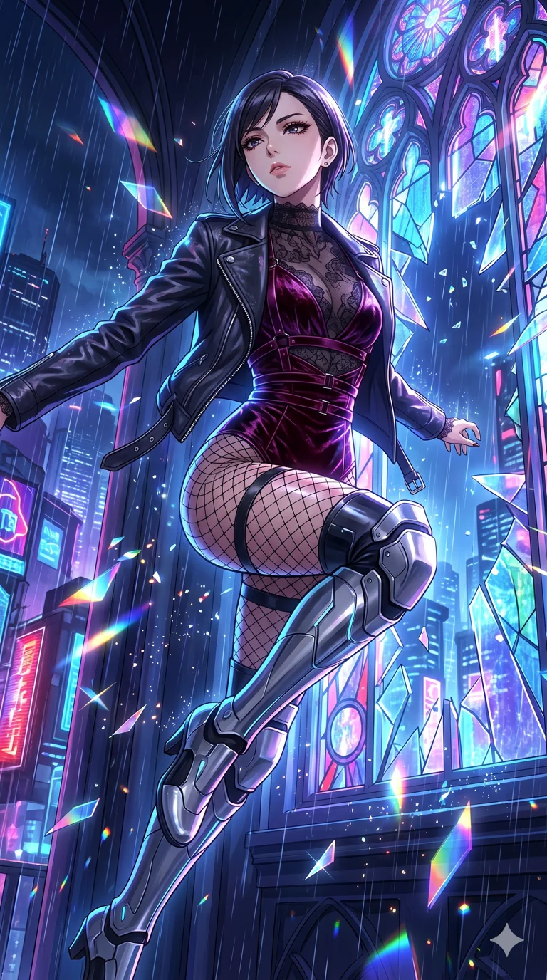 score_9, masterpiece, best quality, ultra-detailed, High-budget Anime Keyframe, vibrant colors, fluid line-art, expressive lighting, cinematic composition, Ufotable-style visual effects, top-tier animation quality, Japanese woman with delicate and elegant anime-inspired features. Low angle cowboy shot filling the entire 9:16 frame with her statuesque presence, looking up to emphasize her height. Leaping through the shattered stained glass of a neon-lit futuristic cathedral, her body caught in mid-air as prismatic light fragments explode around her and digital rain falls from the vaulted ceiling. She has an absolutely perfect 8-heads proportion, an exceptionally tall and slender female figure with impossibly long slender legs and an ultra-slim waist, her statuesque height and towering silhouette dominating the vertical 9:16 frame. Her face is a masterpiece featuring a sharp v-shaped jawline, high-bridge nose, intricate jewel-like eyes with depth, thick eyelashes, and glossy lips with a natural sheen. She is wearing a Unzipped deeply leather jacket over a delicate sheer lace bra and a high-waisted harness crafted from Crushed dark velvet with a deep, rich texture that absorbs light and glows at the edges, accompanied by sensual fishnet stockings and thigh-high metallic boots. The scene is set in a sprawling cyberpunk metropolis in heavy rain with vibrant neon glows reflecting on every surface, illuminated by dynamic strobe effects that capture her movement in a series of sharp fragments. 2k, ultra detail, master piece, 9:16 ratio