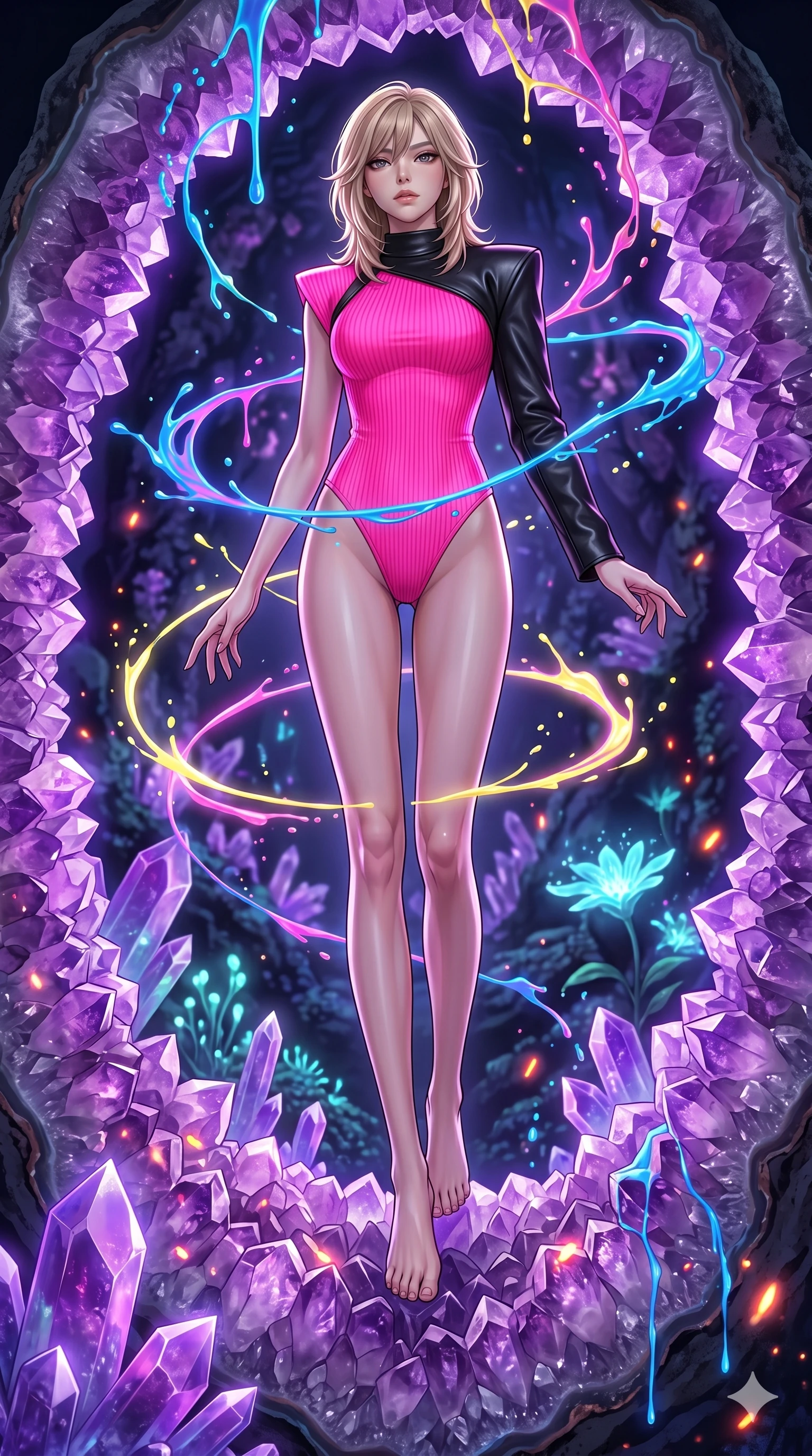 score_9, masterpiece, best quality, ultra-detailed, high-budget anime keyframe, editorial fashion photography, tasteful artistic composition, Japanese woman. low angle full-body shot from head to toe showing her feet, filling the entire 9:16 vertical frame with her statuesque presence, stretching her vertical silhouette. balancing carefully on inside a giant hollow geode lined with massive glowing purple crystals while streams of liquid neon paint splash and form glowing halos. She has an absolutely perfect 8-heads proportion, an exceptionally tall and slender female figure with impossibly long slender legs and an ultra-slim waist. V-shaped jawline, high-bridge nose, intricate jewel-like eyes with depth, thick eyelashes, glossy lips with a natural sheen.. wearing a vivid neon-pink ribbed athletic top with bold structural shoulders and a cropped single-sleeve black leather shrug. enhanced by the soft inner light of bioluminescent flora and neon embers in the background. 2k, ultra detail, master piece, 9:16 ratio