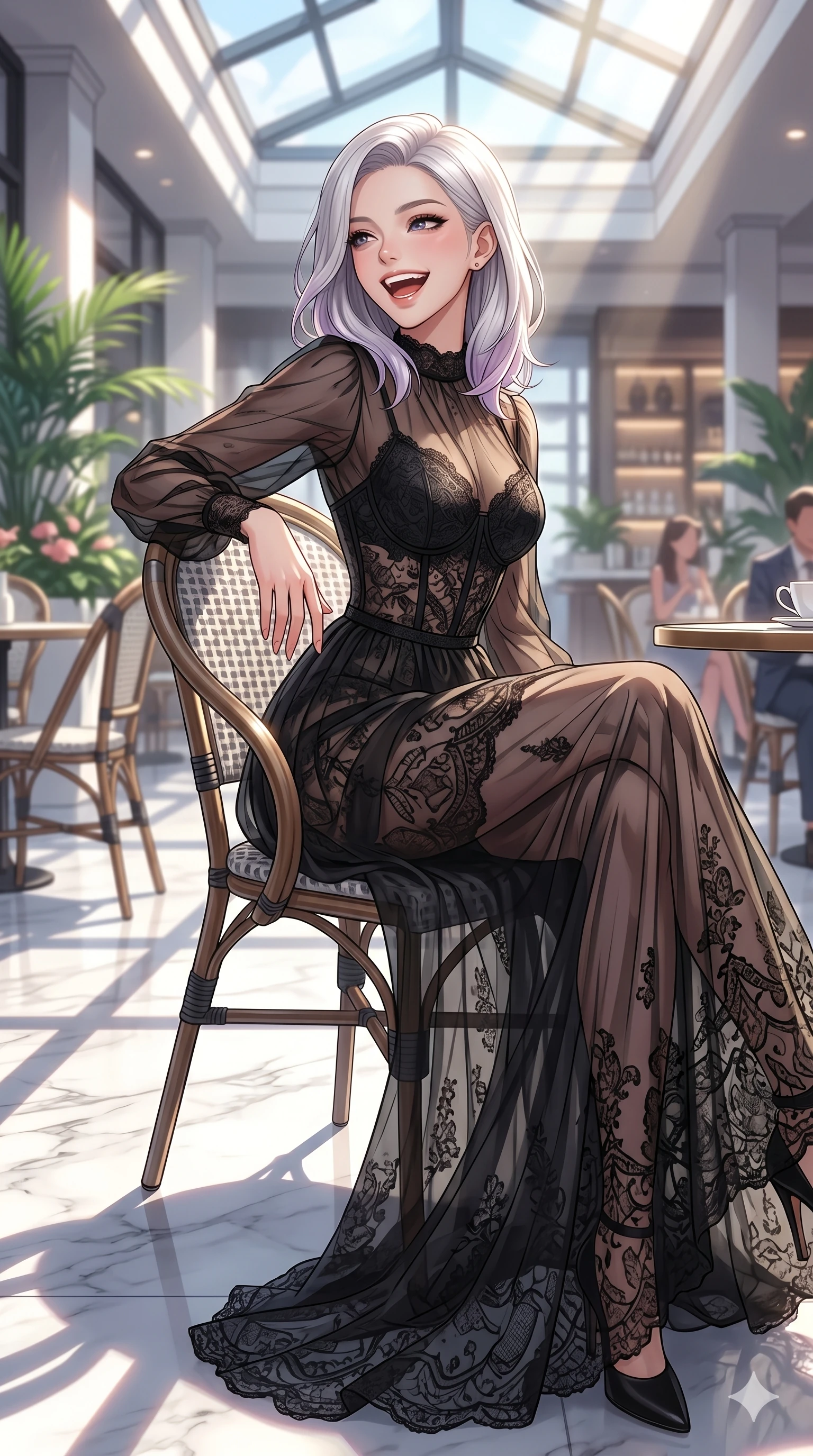 score_9, masterpiece, best quality, ultra-detailed, high-budget anime keyframe, vibrant anime aesthetic, Caucasian woman, strictly human ears. cowboy shot from the thighs up, character and outfit filling the frame for maximum presence. She is sitting on a cafe terrace, looking over her shoulder with a cheerful laugh by a resort lobby patio under a clear skylight (Code-P20-190). She has an absolutely perfect 8-heads proportion, an exceptionally tall and slender female figure with impossibly long slender legs and an ultra-slim waist. V-shaped jawline, high-bridge nose, intricate jewel-like eyes with depth, thick eyelashes, glossy lips with a natural sheen. wearing a semi-transparent chiffon gown featuring a black lace corset bodice. She is illuminated by brilliant sunbeams casting sharp shadows on the clean marble floor. 2k, ultra detail, master piece, 9:16 ratio