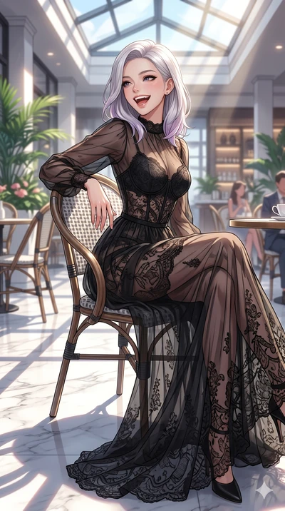 score_9, masterpiece, best quality, ultra-detailed, high-budget anime keyframe, vibrant anime aesthetic, Caucasian woman, strictly human ears. cowboy shot from the thighs up, character and outfit filling the frame for maximum presence. She is sitting