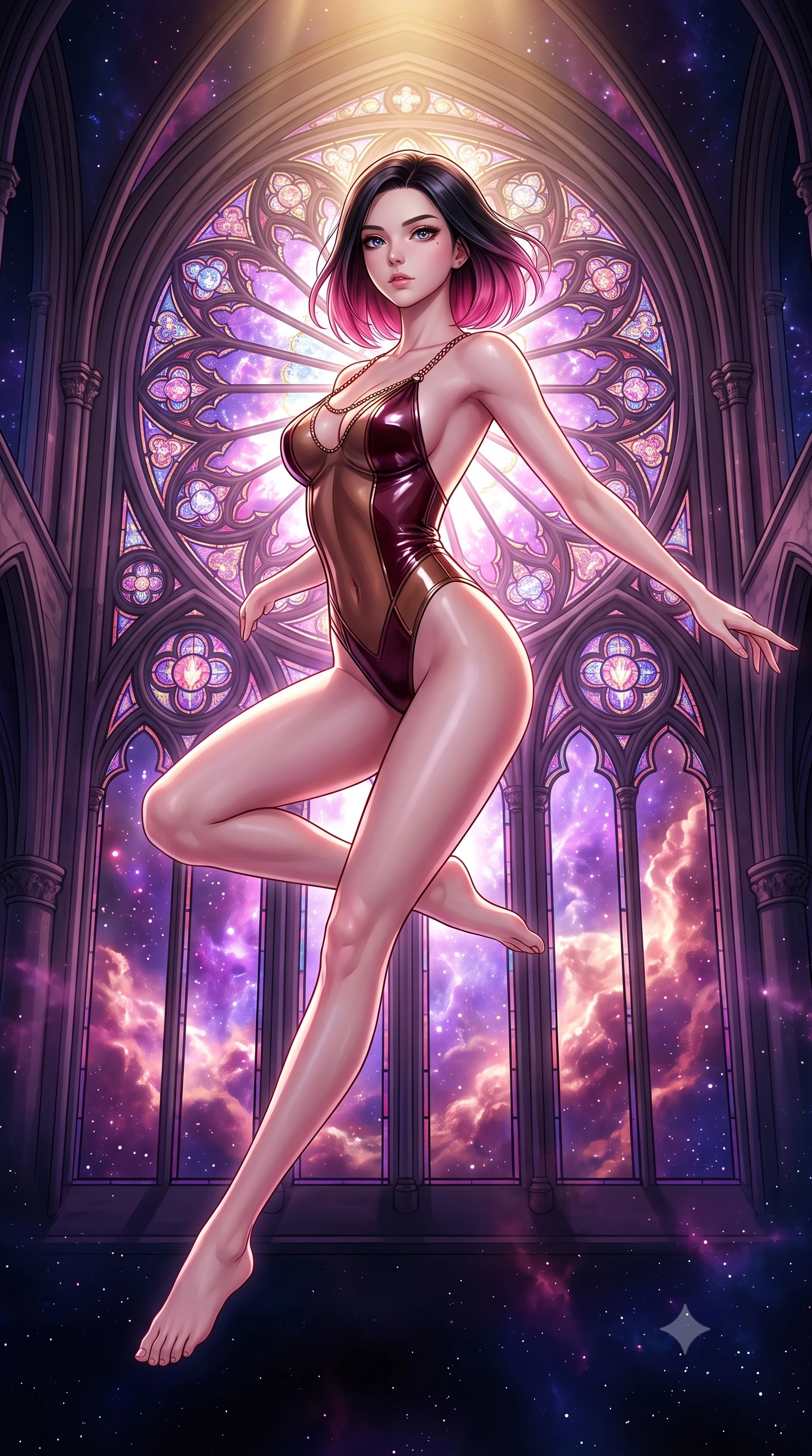 score_9, masterpiece, best quality, ultra-detailed, high-budget anime keyframe, editorial fashion photography, tasteful artistic composition, Korean woman. low angle full-body shot from head to toe showing her feet, filling the entire 9:16 vertical frame with her statuesque presence, stretching her vertical silhouette. leaping gracefully through mid-air with statuesque elegance, her impossibly long slender legs stretched in perfect balance while performing a mid-air rotation in front of a giant stained glass rose window in space, vivid purple and rose-gold nebula clouds glowing through cathedral-like arches. She has an absolutely perfect, statuesque 8.5-heads proportion, an exceptionally tall and slender model-like female figure with impossibly long slender legs and an ultra-slim waist. sharp v-shaped jawline, high-bridge nose, intricate jewel-like eyes with depth, thick eyelashes, glossy lips with a natural sheen, flawlessly proportioned anatomical accuracy, natural body alignment, perfectly sculpted elegant limbs, clean dynamic posture without body distortion. wearing a high-cut translucent vinyl leotard with front paneling and open back in deep burgundy and bronze, tailored from high-gloss patent leather, adorned with delicate metallic chain straps along the neckline, the glove-like fit emphasizing her statuesque silhouette during motion. bathed in dramatic cosmic pink and navy nebula backlighting with gold key light. highly saturated vibrant anime colors, detailed shading with soft gradients, rich glossy textures, high-contrast stereoscopic depth, volumetric dynamic lighting, master piece, 9:16 ratio
