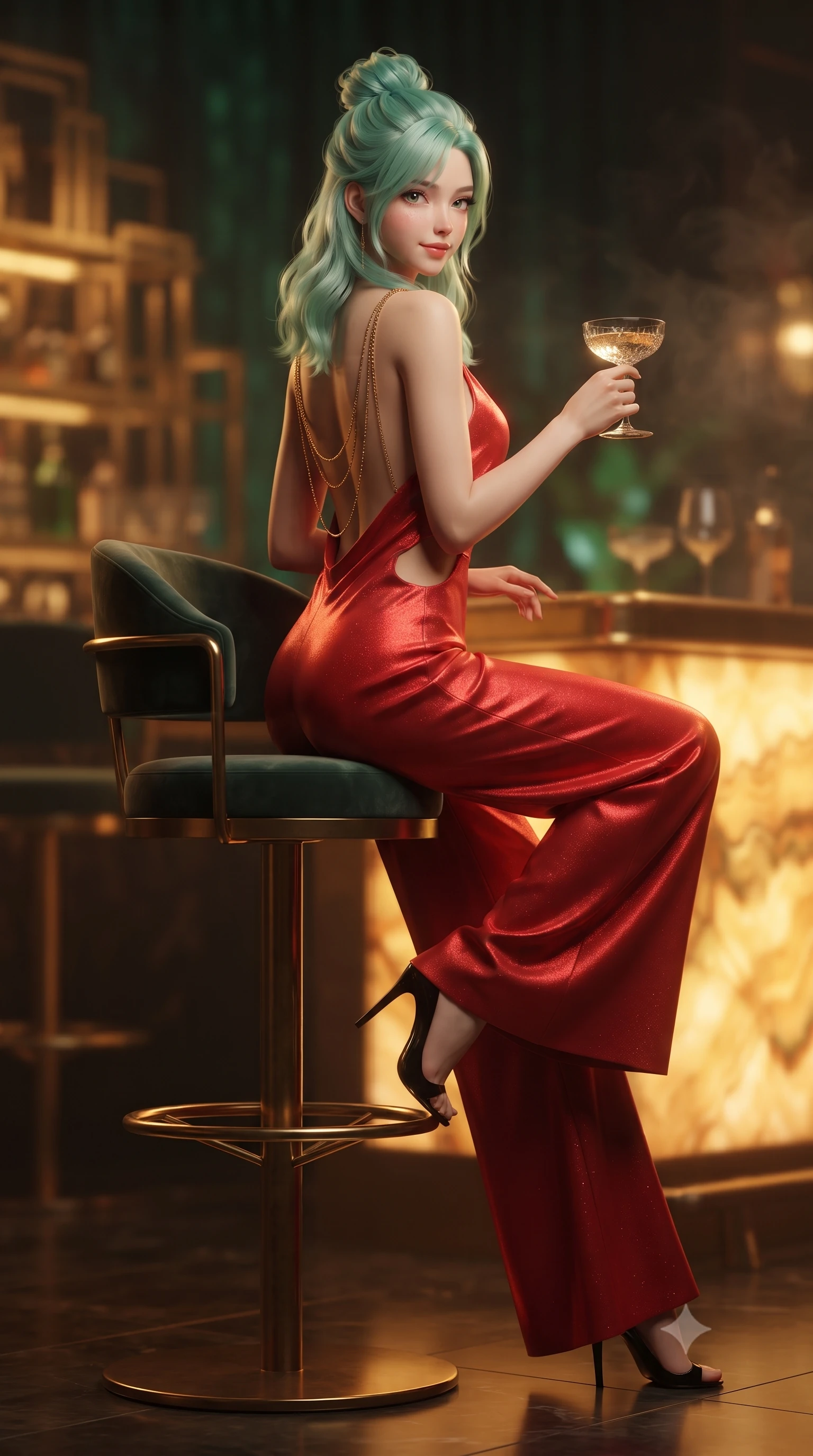 score_9, masterpiece, best quality, ultra-detailed, high-budget anime keyframe, editorial fashion photography, tasteful artistic composition, Japanese woman. low angle full-body shot from head to toe showing her feet, filling the entire 9:16 vertical frame with her statuesque presence, stretching her vertical silhouette. executing a slow, graceful pivot turn as her skirt sways around her slender legs, glancing back with an enchanting, teasing sensual expression while perched sideways on the high brass-and-velvet bar stool with legs crossed, arching her lower back to accentuate her curvy hips as she swirls a champagne cocktail. The background shows a soft-focus stepped geometric Art Deco brass shelving, glowing backlit onyx bar counter, and smoky cocktail lounge atmosphere blurred into amber, emerald, and charcoal bokeh. She has an absolutely perfect, statuesque 8.5-heads proportion, an exceptionally tall and slender model-like female figure with impossibly long slender legs, an ultra-slim waist, a flat toned midriff, narrow delicate ribcage, and beautifully sculpted feminine hips creating a graceful, slim hourglass silhouette without any bulky heaviness. sharp v-shaped jawline, high-bridge nose, sparkling eyes with hypnotic seductive depth, thick curled eyelashes, glossy parted lips with a natural dewy peach sheen, alluring bedroom-eyes with an enchanting coquettish smile, exuding magnetic siren charisma and sophisticated glamour, flawlessly proportioned anatomical accuracy, strict slender model proportions, natural body alignment, perfectly sculpted long slender limbs, ultra-slim waistline, clean dynamic posture without body distortion. wearing a backless plunge-front silk satin jumpsuit with fluid wide-leg silhouette and side hip cutouts in Pudong electric vermilion and obsidian lacquer, woven from stretch metallic lurex jersey casting radiant starlight glints across her silhouette, accented with an open-back drape framed by falling strands of delicate gold chains, the form-contouring silhouette accentuating her sculpted flat midriff, narrow delicate ribcage, and gracefully curvy hips with intoxicating allure. bathed in intimate warm 2600K amber glow radiating from backlit honey onyx and concealed brass cove lights. ultra-reflective glossy finish, specular highlights, rich textural contrasts, high-contrast stereoscopic depth, volumetric dynamic lighting, 2k, ultra detail, master piece, 9:16 ratio