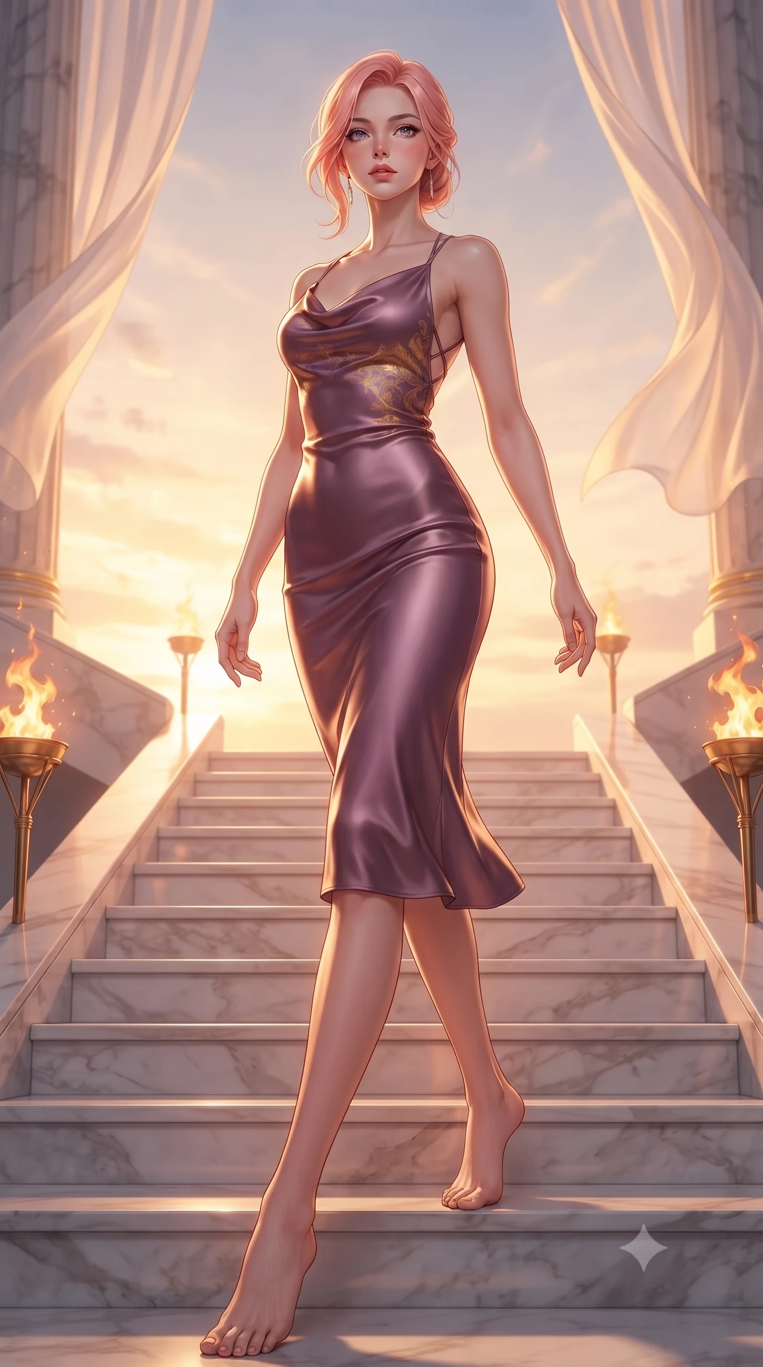 score_9, masterpiece, best quality, ultra-detailed, high-budget anime keyframe, editorial fashion photography, tasteful artistic composition, Japanese woman. low angle full-body shot from head to toe showing her feet, filling the entire 9:16 vertical frame with her statuesque presence, stretching her vertical silhouette. forging dynamically through the scene with her long slender legs and ultra-slim waist creating a sweeping S-curve while descending a grand marble staircase flanked by golden torch flames at sunset, translucent silk curtains drifting lazily in a high-altitude sky breeze. She has an absolutely perfect, statuesque 8.5-heads proportion, an exceptionally tall and slender model-like female figure with impossibly long slender legs and an ultra-slim waist. sharp v-shaped jawline, high-bridge nose, intricate jewel-like eyes with depth, thick eyelashes, glossy lips with a natural sheen, flawlessly proportioned anatomical accuracy, natural body alignment, perfectly sculpted elegant limbs, clean dynamic posture without body distortion. wearing an elegant cowl-neck satin midi dress with a graceful draped neckline in plum purple and gold filigree, crafted from lustrous satin jersey with fluid draping, complemented by criss-cross back straps highlighting her bare shoulders, the tailored fabric tightly following every curve of her athletic build. bathed in glorious golden hour sunbeams and warm rose-gold ambient light. ultra-reflective glossy finish, specular highlights, metallic sheen, high-contrast stereoscopic depth, volumetric dynamic lighting, 2k, ultra detail, master piece, 9:16 ratio