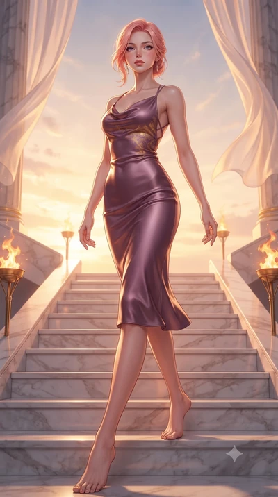 score_9, masterpiece, best quality, ultra-detailed, high-budget anime keyframe, editorial fashion photography, tasteful artistic composition, Japanese woman. low angle full-body shot from head to toe showing her feet, filling the entire 9:16 vertical