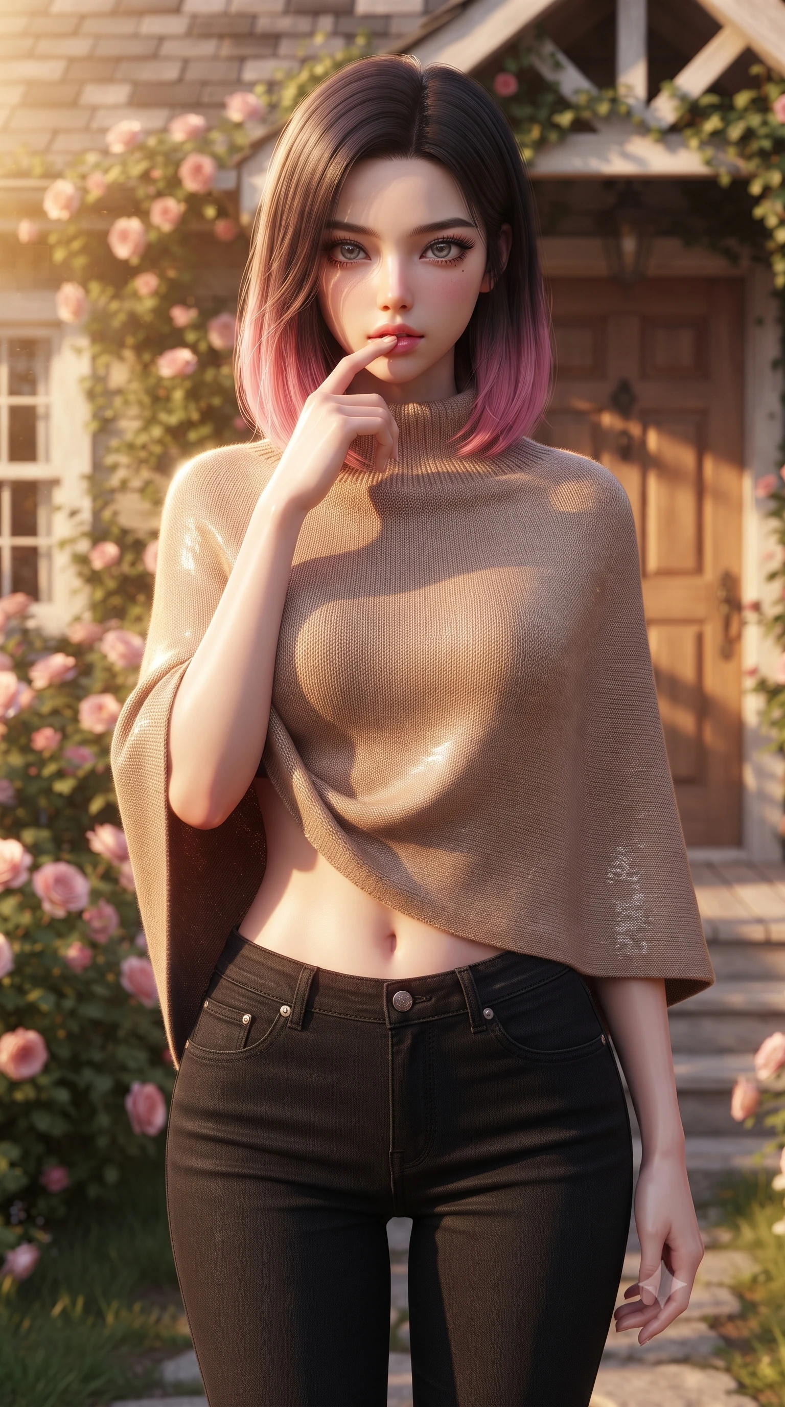 score_9, masterpiece, best quality, ultra-detailed, high-budget anime keyframe, editorial fashion photography, tasteful artistic composition, Korean woman woman. close-up cowboy shot from the waist and thighs up, the character dominates the composition, filling the frame with her large presence, background elements kept in soft focus. pressing one finger to her bottom lip in a thoughtful, seductive gesture under the warm sun the background shows a soft-focus the front porch of a rustic cottage covered in pink roses and ivy. She has an exceptionally elegant, slender, and willowy female figure with an ultra-slim waist, a gracefully sculpted slender torso, and a refined silhouette. sharp v-shaped jawline, high-bridge nose, intricate jewel-like eyes with depth, thick eyelashes, glossy lips with a natural sheen. wearing a form-contouring stylish light brown knit poncho over black skinny jeans. warm morning sunbeams highlighting the wooden door and flowers. ultra-reflective glossy finish, specular highlights, metallic sheen, high-contrast stereoscopic depth, volumetric dynamic lighting, 2k, ultra detail, master piece, 9:16 ratio