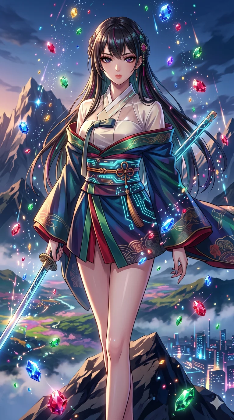 score_9, masterpiece, best quality, ultra-detailed, High-budget Anime Keyframe, beautiful Japanese anime girl. Upper body close-up from the thighs up, character filling the screen for maximum presence. Standing in a rain of colorful jewels on a mountain peak. She has an absolutely perfect 8-heads proportion, an exceptionally tall and slender female figure with impossibly long slender legs and an ultra-slim waist. Sharp v-shaped jawline, high-bridge nose, intricate jewel-like eyes with depth, thick eyelashes, glossy lips with a natural sheen. Wearing a Modern Traditional outfit: ivory shortened cyber-hanbok, kimono-style wrap with wide obi, fusion silk robes with transparent panels. Background is a bright and colorful environment with cinematic lighting, dynamic particle effects, and high-contrast shadows. 2k, ultra detail, master piece, 9:16 ratio