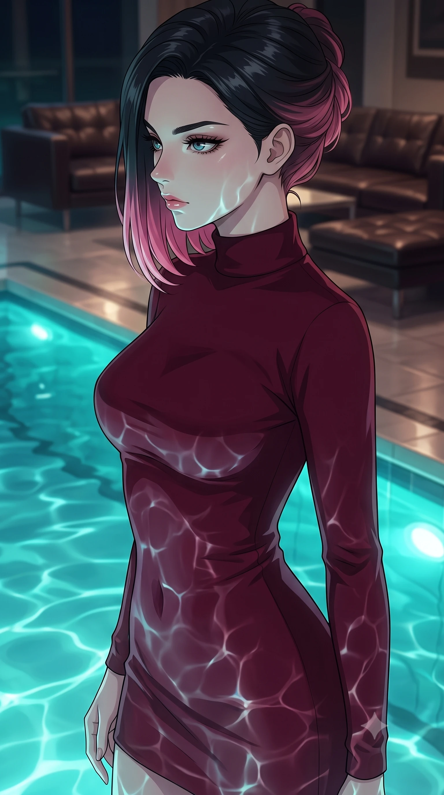 score_9, masterpiece, best quality, ultra-detailed, high-budget anime keyframe, tasteful artistic composition, Korean woman. close-up cowboy shot from the waist and thighs up, the character dominates the composition, filling the frame with her large presence, background elements kept in soft focus. turning her face in sharp profile, casting a cold, mysterious, yet intensely alluring side gaze, the background shows a soft-focus a retro-cyber pool room with glowing turquoise water and dark leather lounges. She has an exceptionally elegant, slender, and willowy female figure with an ultra-slim waist, a gracefully sculpted slender torso, and a refined silhouette. sharp v-shaped jawline, high-bridge nose, intricate jewel-like eyes with depth, thick eyelashes, glossy lips with a natural sheen. wearing a form-contouring form-contouring bodycon sweater dress in deep burgundy, featuring a snug mock-neck. rippling water reflections mapping across her features from below. highly saturated vibrant anime colors, cel-shading, 2d style, master piece, 9:16 ratio