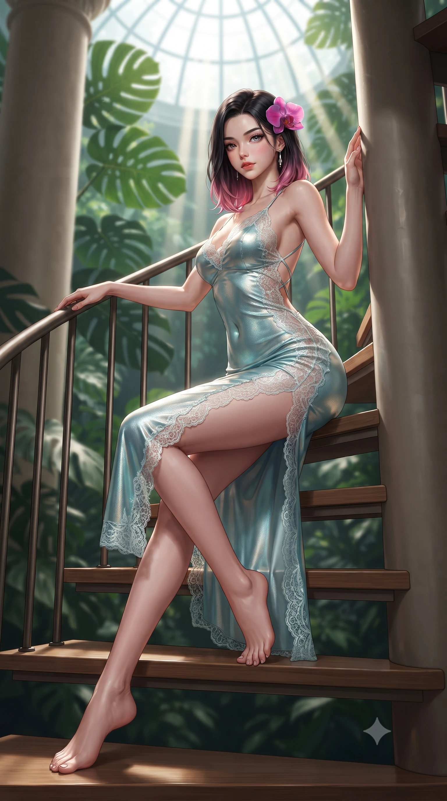 score_9, masterpiece, best quality, ultra-detailed, high-budget anime keyframe, editorial fashion photography, tasteful artistic composition, Korean woman. low angle full-body shot from head to toe showing her feet, filling the entire 9:16 vertical frame with her statuesque presence, stretching her vertical silhouette. standing tall beside the architectural column, one hand resting high while arching her lower back to emphasize her sculpted feminine hips and slender waist while sitting on a wooden stair tread with legs crossed gracefully, one hand resting on the handrail with supermodel dancer elegance. The background shows a soft-focus monumental perforated monstera deliciosa leaves, spiraling iron stair steps, and glass dome above blurred into deep jungle green, cream, and gold bokeh. She has an absolutely perfect, statuesque 8.5-heads proportion, an exceptionally tall and slender model-like female figure with impossibly long slender legs, an ultra-slim waist, a flat toned midriff, narrow delicate ribcage, and beautifully sculpted feminine hips creating a graceful, slim hourglass silhouette without any bulky heaviness. sharp v-shaped jawline, high-bridge nose, sparkling eyes with hypnotic seductive depth, thick curled eyelashes, glossy parted lips with a natural dewy peach sheen, alluring bedroom-eyes with an enchanting coquettish smile, exuding magnetic siren charisma and sophisticated glamour, flawlessly proportioned anatomical accuracy, strict slender model proportions, natural body alignment, perfectly sculpted long slender limbs, ultra-slim waistline, clean dynamic posture without body distortion. wearing a form-contouring metallic lamé slip dress clinging like a second skin with hip-high side slits and open criss-cross back in celestial water-lily white and shimmering aquamarine, made of delicate semi-sheer French Chantilly lace with intricate eyelash edges, accented with a fresh-bloomed exotic magenta orchid tucked gracefully into her dark glossy hair, the glove-like clinging cut tightly following the natural contour of her hips and long slender legs with youthful 8.5-heads elegance. bathed in vertical shafts of bright morning sun penetrating the dense botanical canopy. ultra-reflective glossy finish, specular highlights, rich textural contrasts, high-contrast stereoscopic depth, volumetric dynamic lighting, 2k, ultra detail, master piece, 9:16 ratio