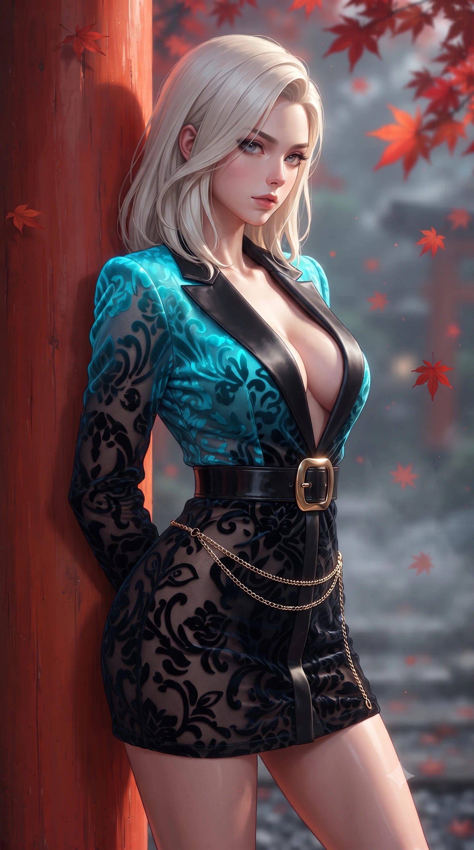 score_9, masterpiece, best quality, ultra-detailed, high-budget anime keyframe, semi-realistic 3D game render, editorial fashion photography, tasteful artistic composition, Caucasian woman. close-up cowboy shot from the waist and thighs up, the character dominates the composition, filling the frame with her large presence. leaning back with relaxed seductive grace, her sculpted collarbones and narrow waist highlighted as she casts smoldering bedroom-eyes directly into the camera while leaning back against a smooth vermilion wooden pillar with hips cocked back, glancing over her shoulder with an alluring, enigmatic gaze. The composition keeps background elements in soft focus with creamy bokeh. falling Japanese red maple leaves and soft evening mist softened in mystical Kyoto shallow focus. She has an exceptionally elegant, slender, and willowy female figure with an ultra-slim waist, flat toned midriff, narrow ribcage, and sculpted feminine hips creating an alluring, slim hourglass silhouette without bulk. sharp v-shaped jawline, high-bridge nose, intricate jewel-like eyes with depth, thick eyelashes, glossy parted lips with a natural sheen, intensely captivating and seductive bedroom-eyes expression, flawlessly proportioned anatomical accuracy, strict slender model proportions, natural body alignment, perfectly sculpted long slender limbs, ultra-slim waistline, clean dynamic posture without body distortion. wearing a tailored velvet tuxedo jacket dress with satin lapels, worn with a deep plunge neckline and gold hip buckle in neon electric cyan and lacquer black, made of sheer contouring power-mesh with velvet flocking patterns, accented with a delicate gold chain belt resting loosely on her curvy hips, the second-skin form-contouring cut accentuating her sculpted flat midriff, narrow delicate ribcage, and gracefully curvy hips with supermodel precision. illuminated by delicate directional lantern light sharply defining her sculpted collarbones, narrow waist, and curvy hips. highly saturated vibrant anime colors, detailed shading with soft gradients, rich glossy textures, high-contrast stereoscopic depth, volumetric dynamic lighting, master piece, 9:16 ratio